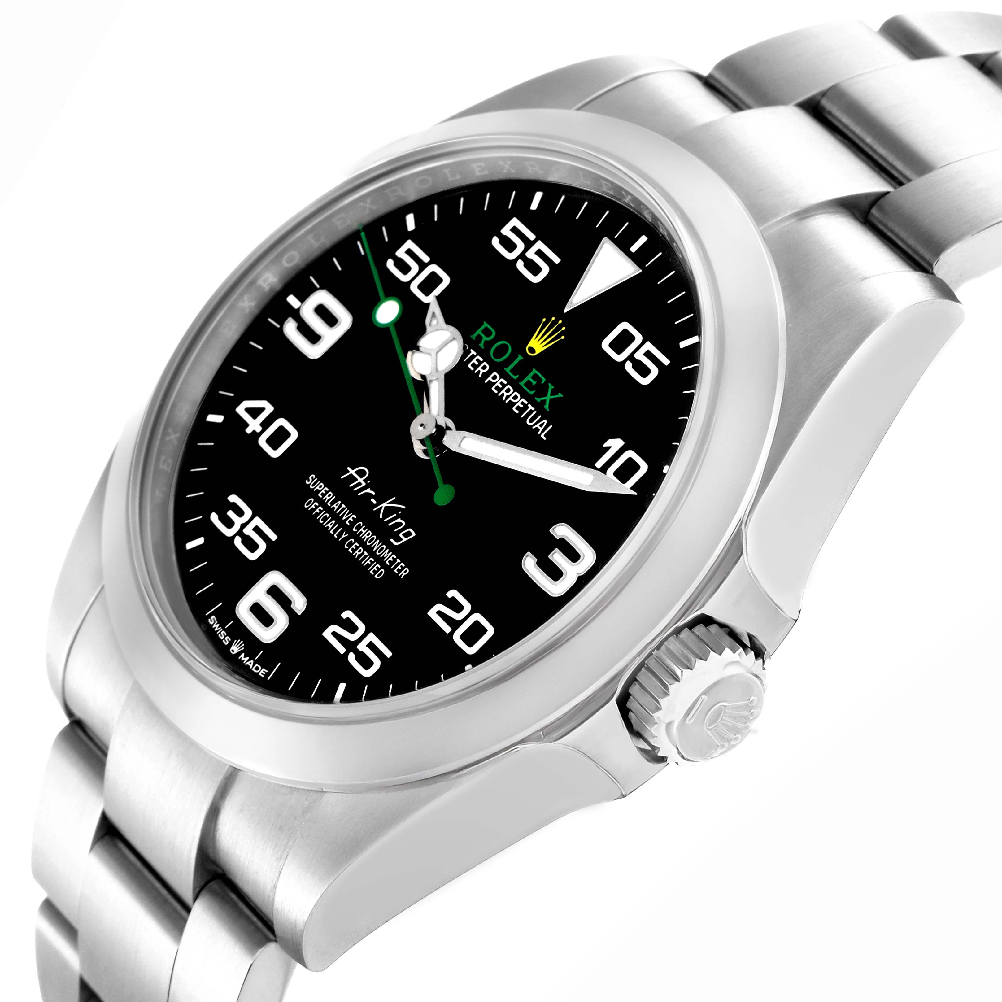 The Rolex Air-King model 126900 is shown from a side angle, highlighting the black dial, stainless steel case, and bracelet, along with the crown.