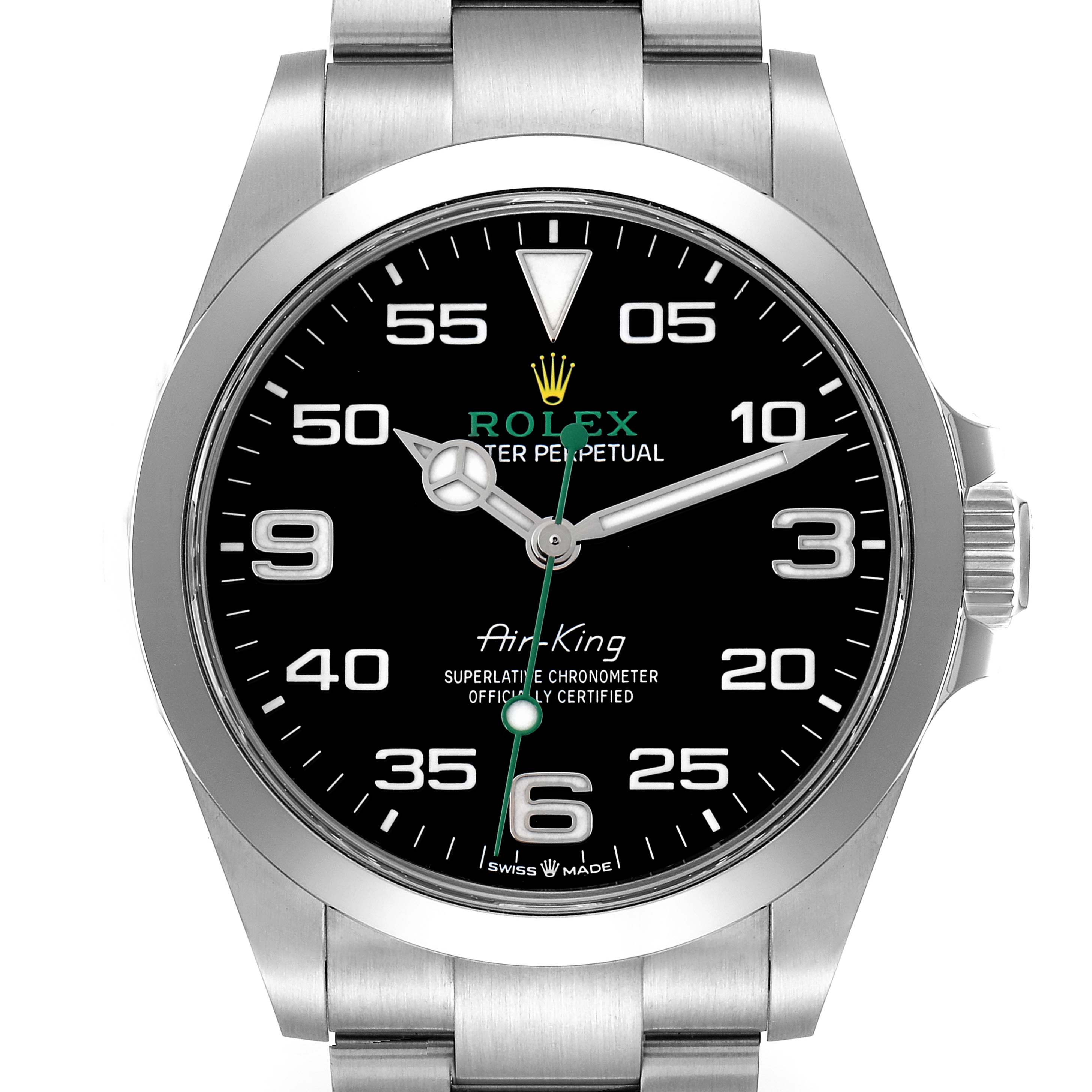 The image shows a Rolex Air-King model 126900 men
s watch from a front angle, highlighting the dial, bezel, and part of the bracelet.
