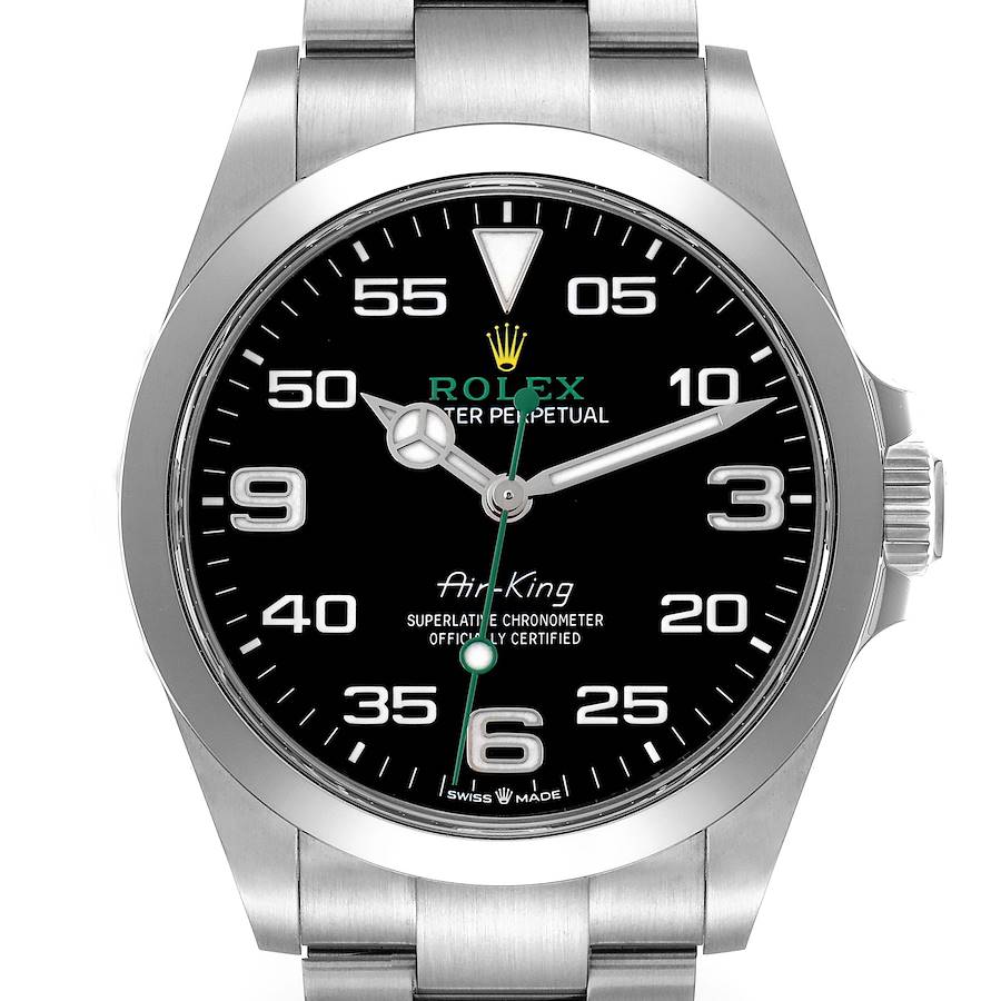 The image shows a Rolex Air-King model 126900 men's watch from a front angle, highlighting the dial, bezel, and part of the bracelet.