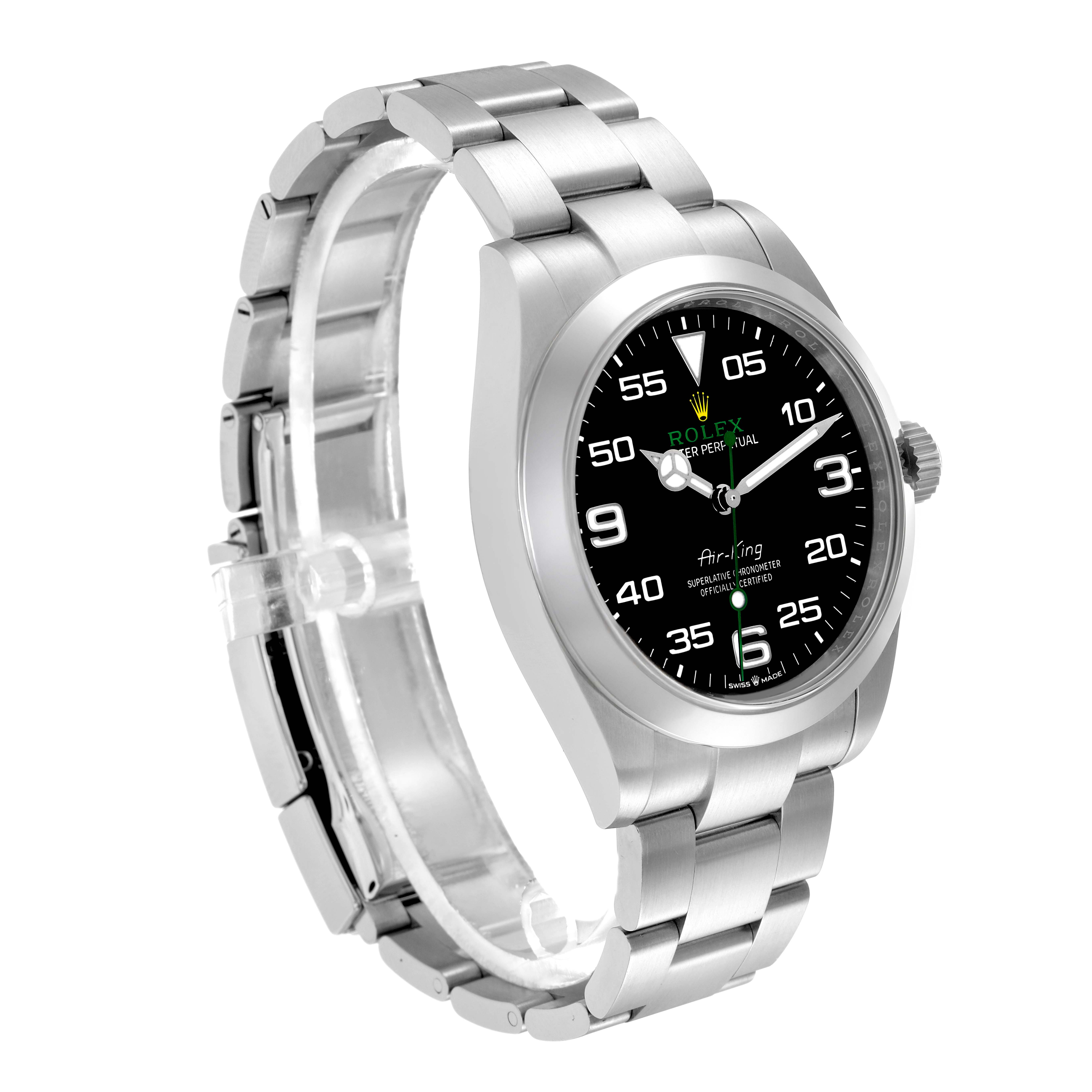 The Rolex Air-King model 126900 is shown at an angled side view, highlighting its black dial, markers, crown, and metal bracelet.