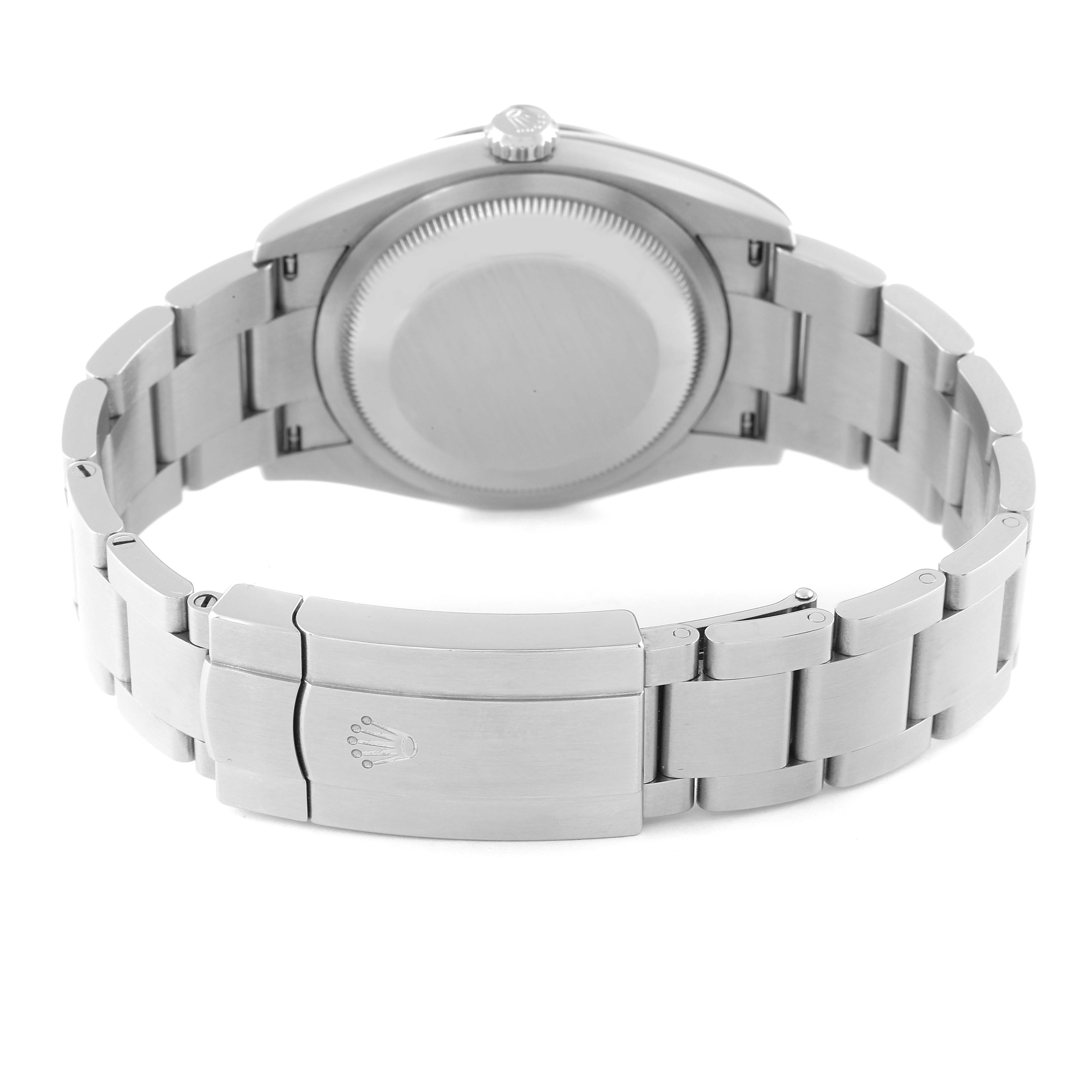 The image shows the back view of a Rolex Oyster Perpetual 126000 Men's Stainless Steel Black Dial 126000 Men's Stainless Steel Black Dial watch, highlighting the clasp and bracelet.