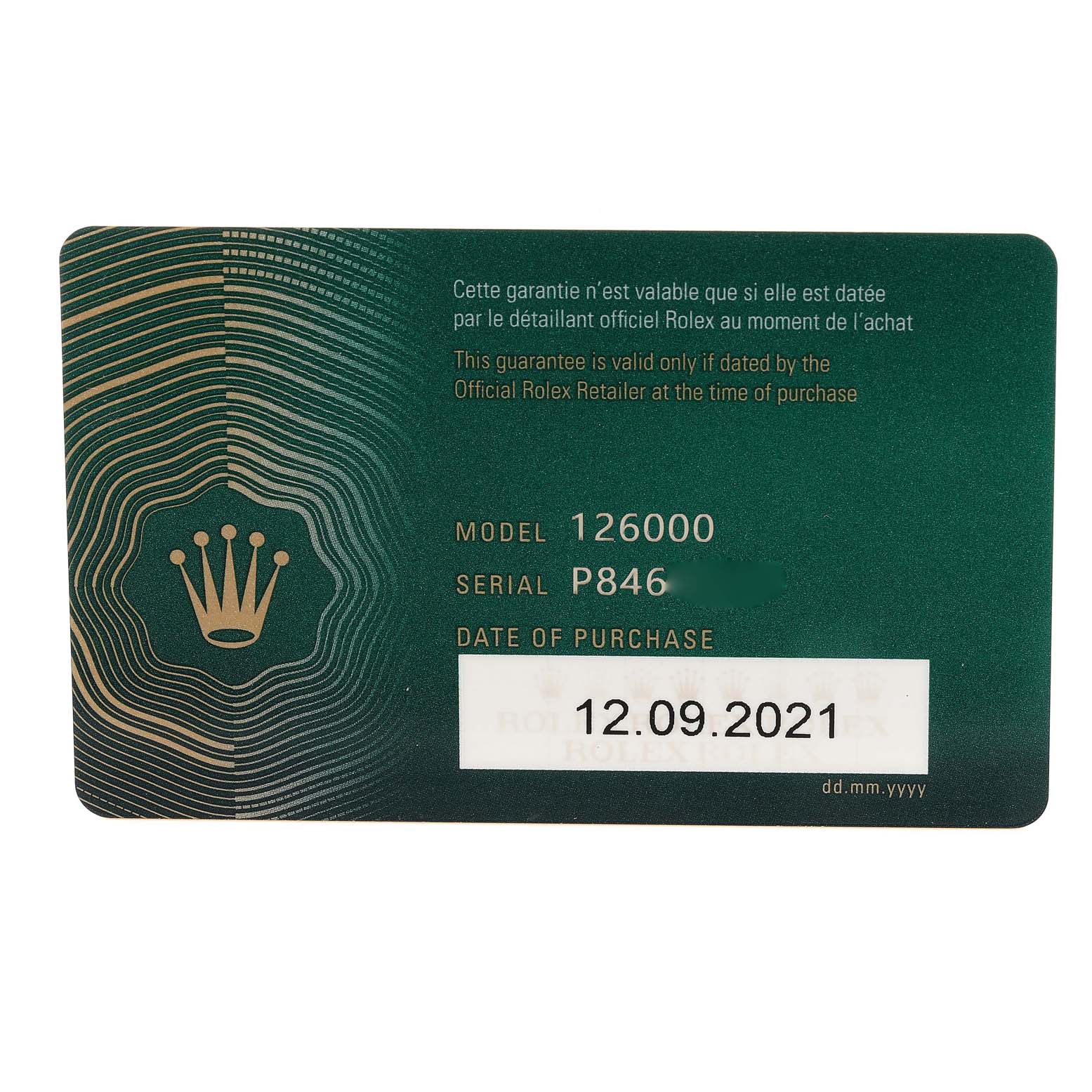 This image shows a Rolex Oyster Perpetual 126000 Men's Stainless Steel Black Dial 126000 Men's Stainless Steel Black Dial warranty card displaying the model 126000, serial number, and purchase date.