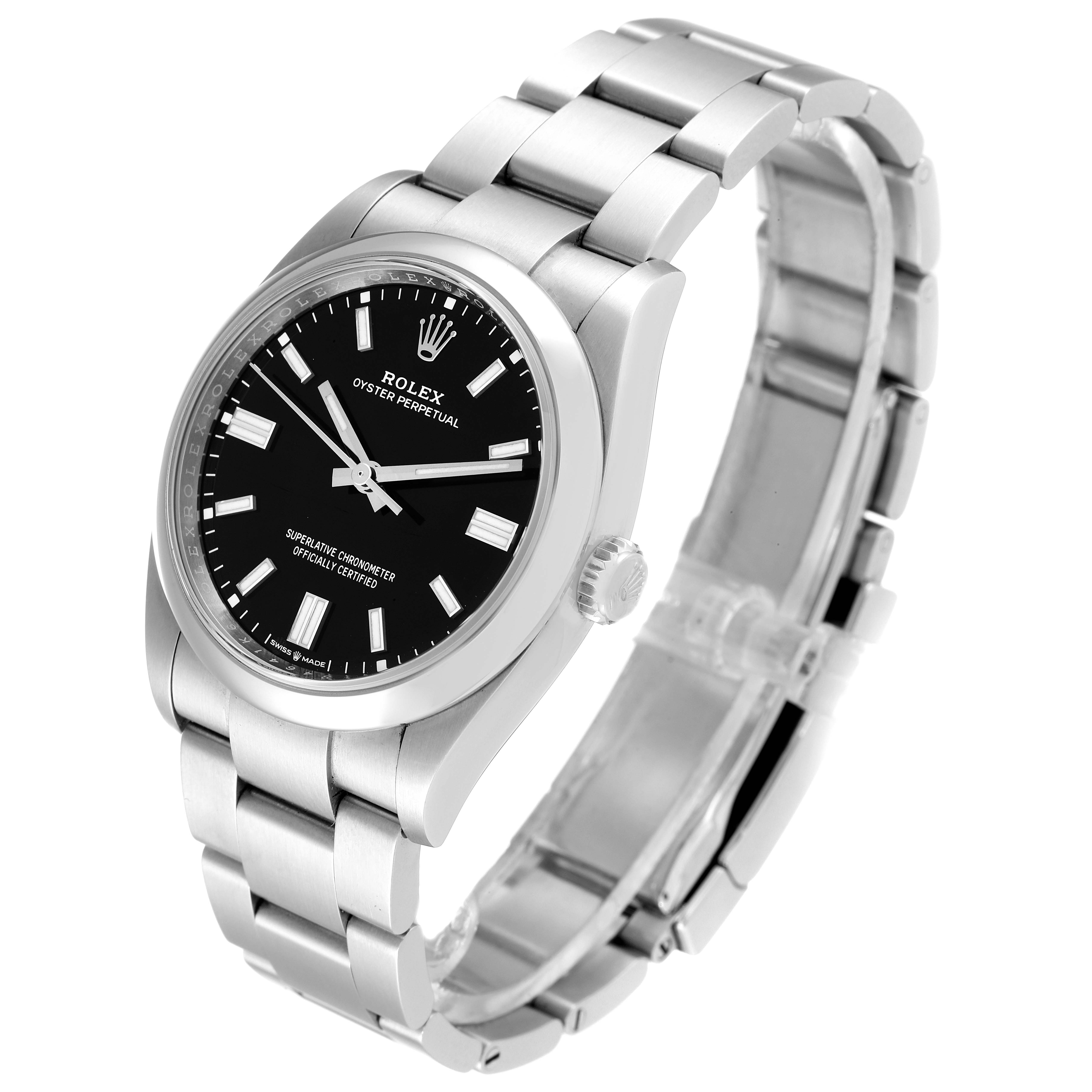 The image shows a Rolex Oyster Perpetual 126000 Men's Stainless Steel Black Dial 126000 Men's Stainless Steel Black Dial watch angled to display the face, crown, and bracelet prominently.