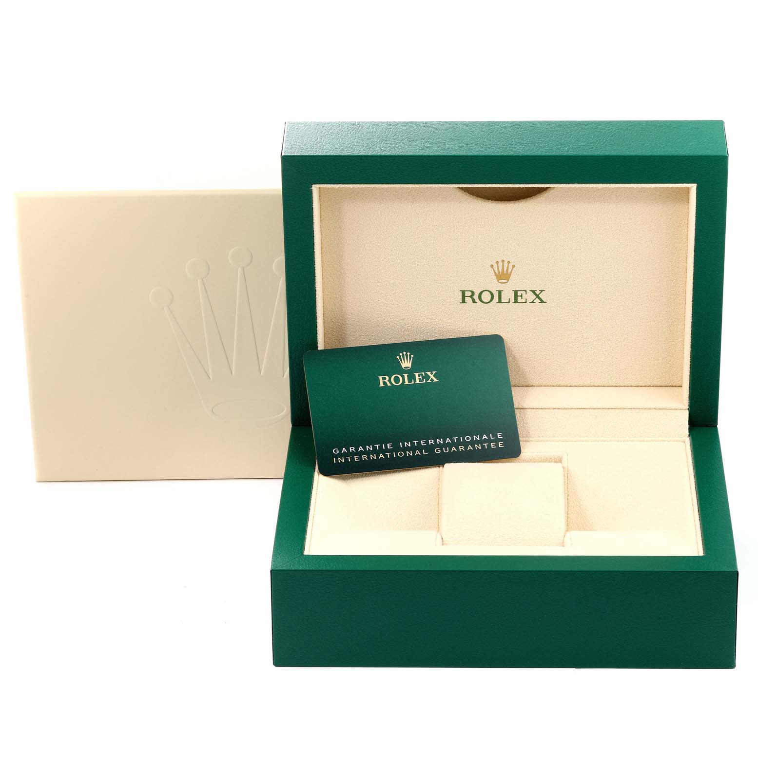 The image shows the open box and international guarantee card for a Rolex Oyster Perpetual 126000 Men's Stainless Steel Black Dial 126000 Men's Stainless Steel Black Dial watch.