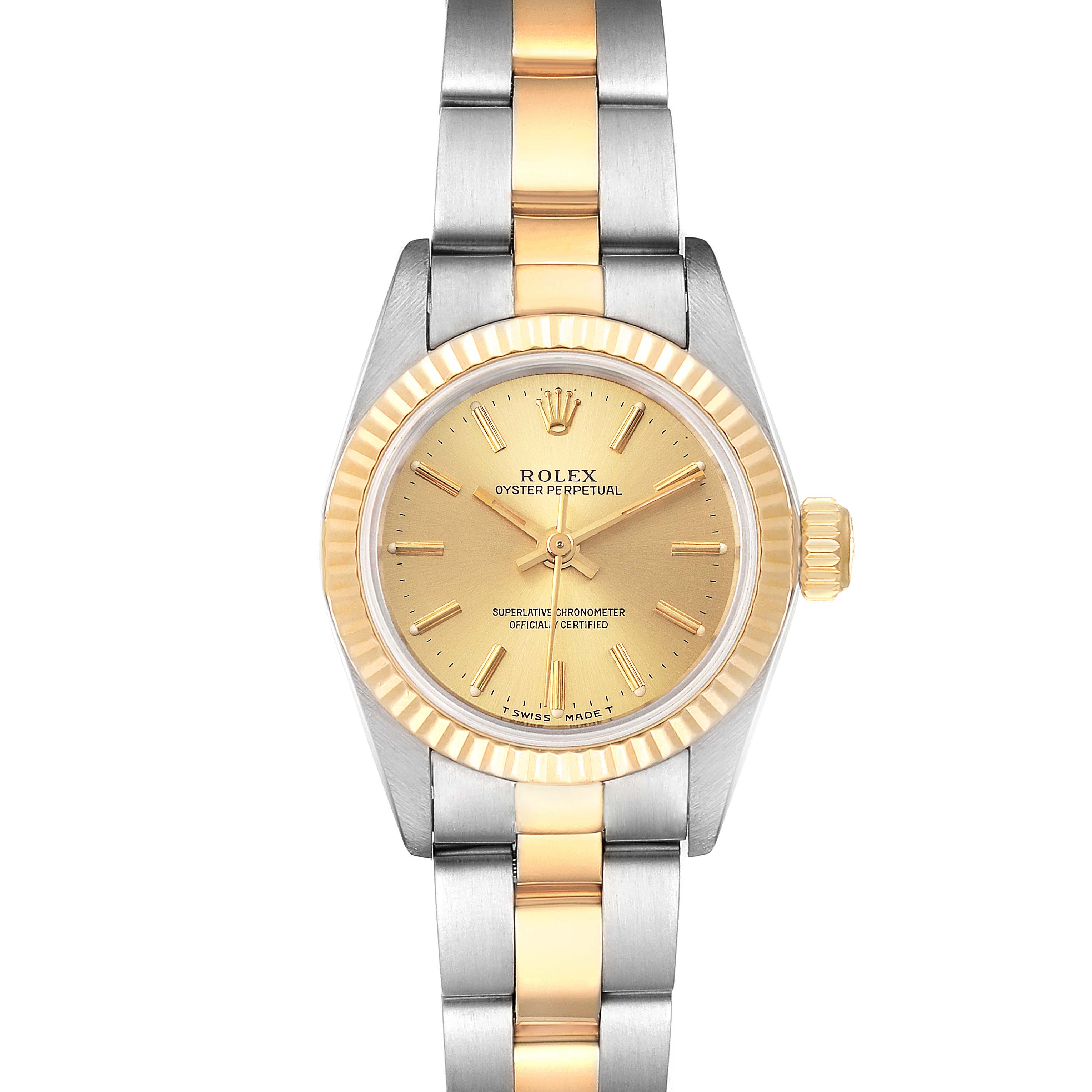 The Rolex Oyster Perpetual 67193 Women
s Steel and Gold (two tone) Champagne Dial 67193 Women
s Steel and Gold (two tone) Champagne Dial watch is shown from a straight-on angle, displaying the face and bracelet in two-tone metal.