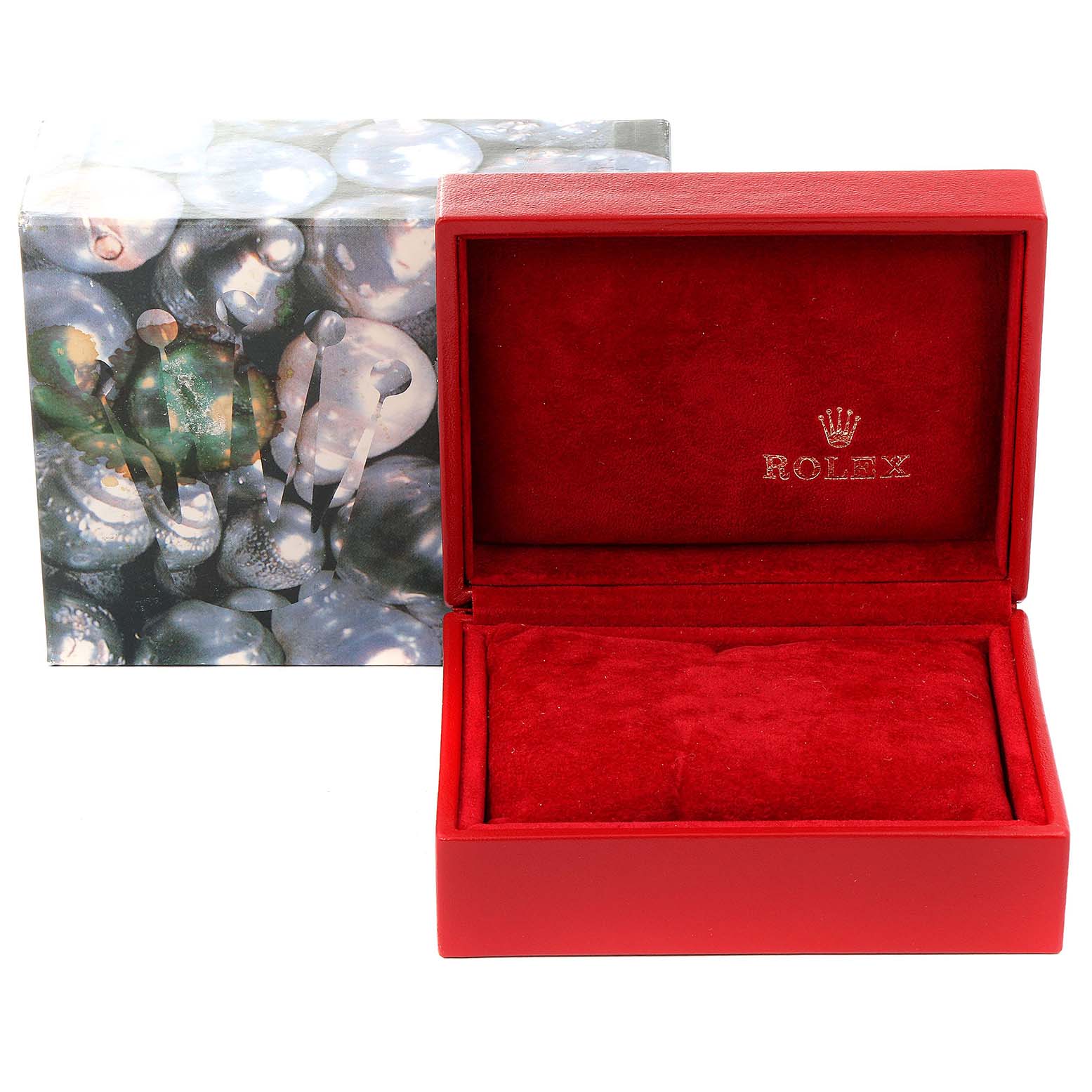 This image shows an open red Rolex box and a pearly, decorative outer box for the Oyster Perpetual model watch.