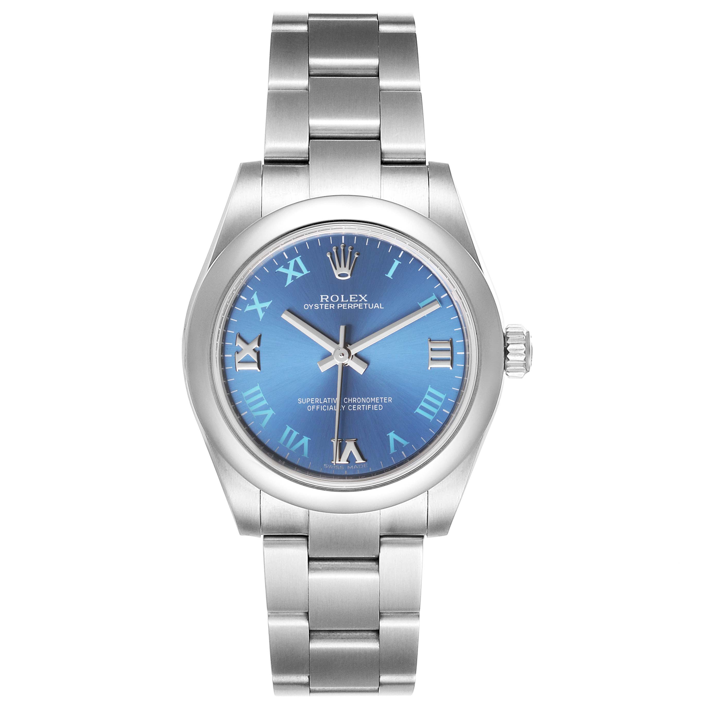 The image shows a front view of a Rolex Oyster Perpetual 177200 Men
s Stainless Steel Blue Dial 177200 Men
s Stainless Steel Blue Dial watch with a blue dial and stainless steel bracelet.