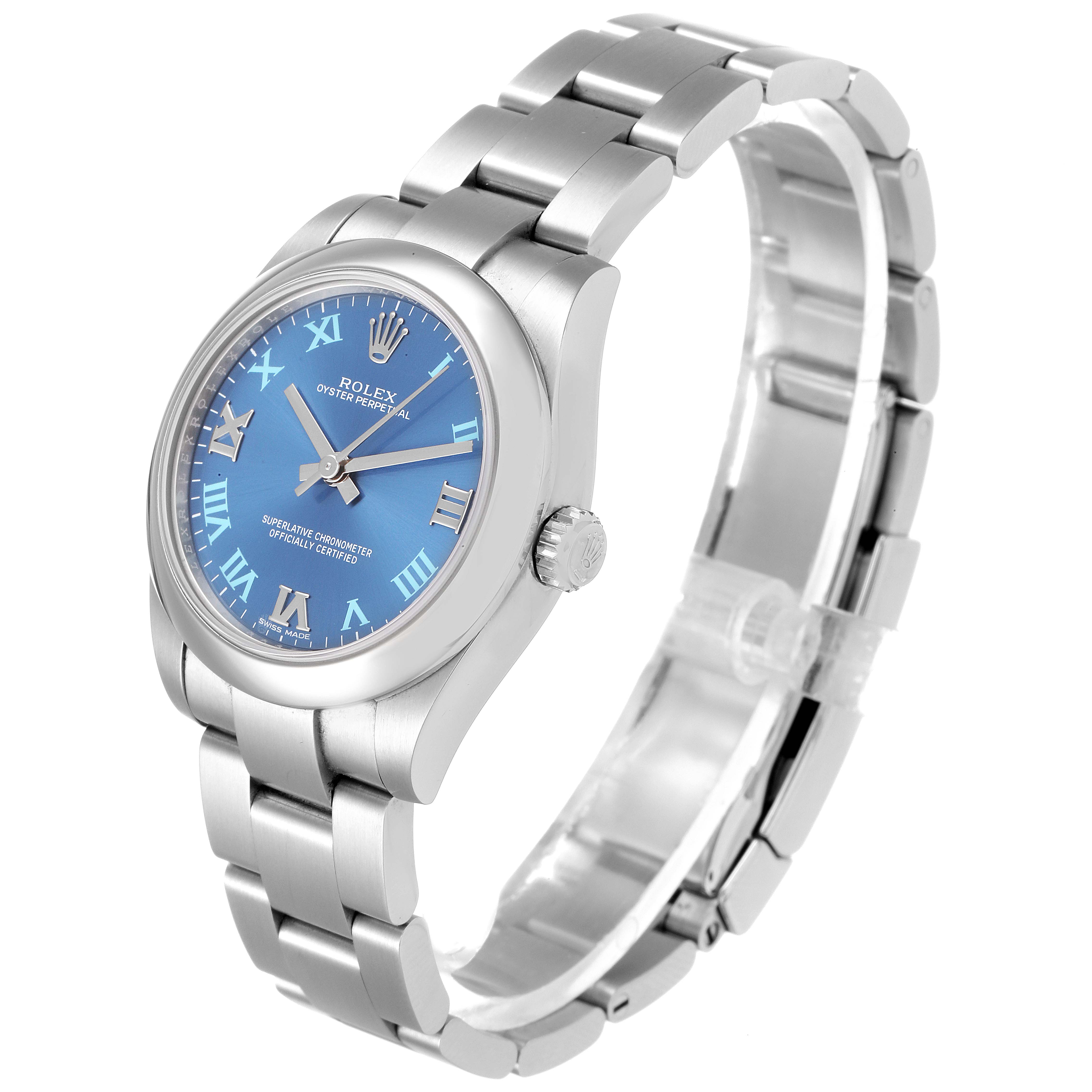 The image shows a Rolex Oyster Perpetual 177200 Men
s Stainless Steel Blue Dial 177200 Men
s Stainless Steel Blue Dial watch with a blue dial and metallic bracelet, viewed from an oblique angle.