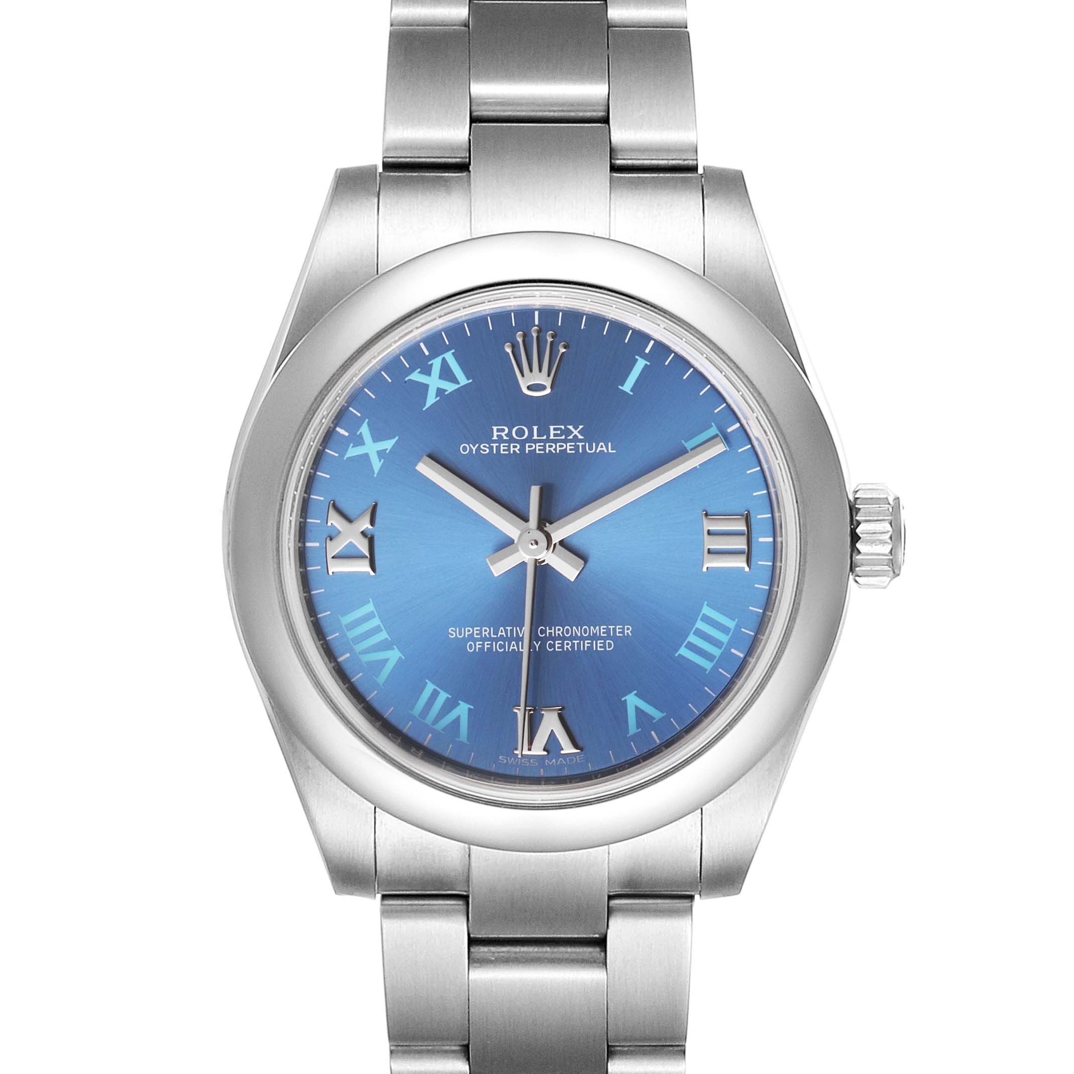 The image shows a front view of a Rolex Oyster Perpetual 177200 Men
s Stainless Steel Blue Dial 177200 Men
s Stainless Steel Blue Dial watch with a blue dial and Roman numerals.