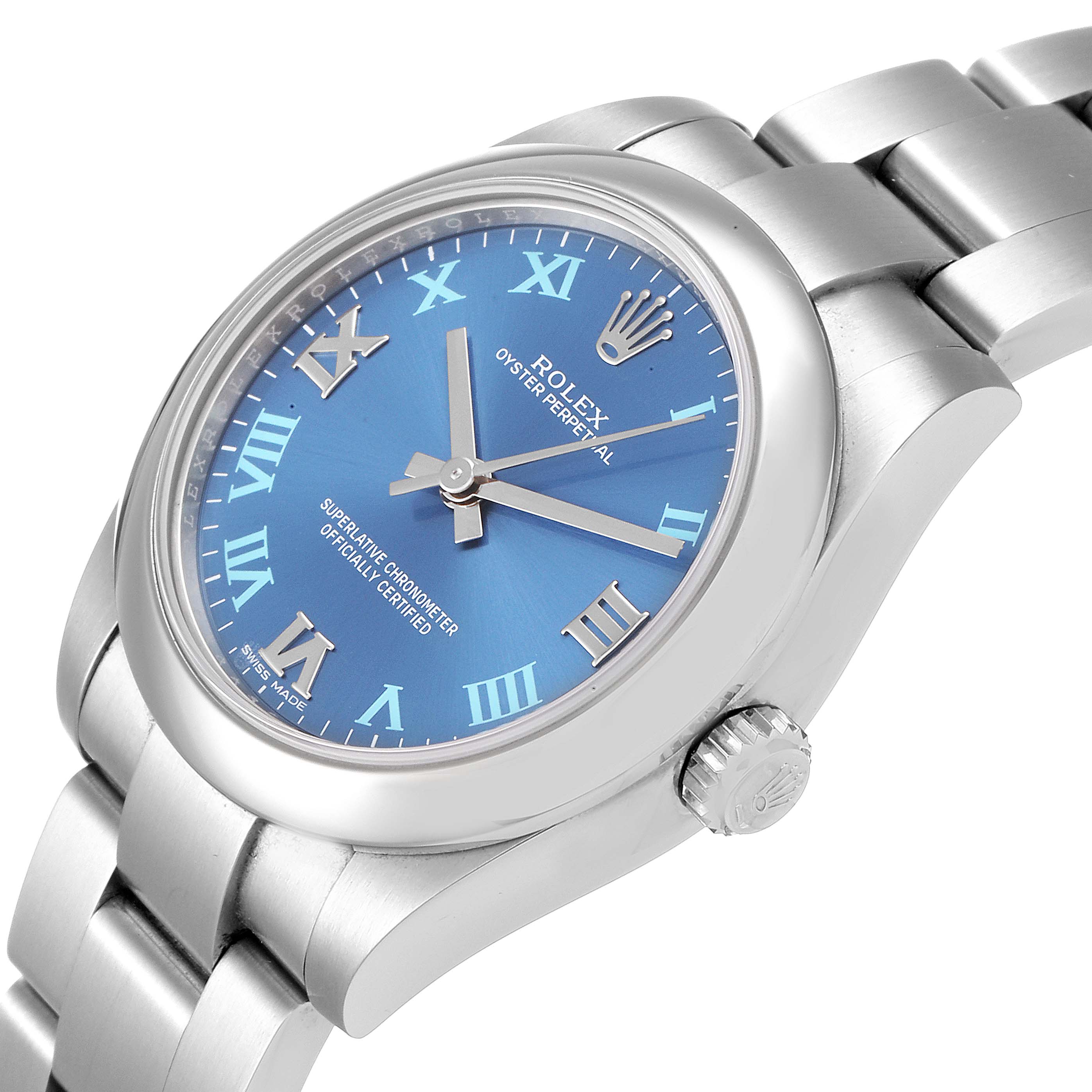 The image shows a side angle of the Rolex Oyster Perpetual 177200 Men
s Stainless Steel Blue Dial 177200 Men
s Stainless Steel Blue Dial watch, highlighting its blue dial, crown, and part of the bracelet.