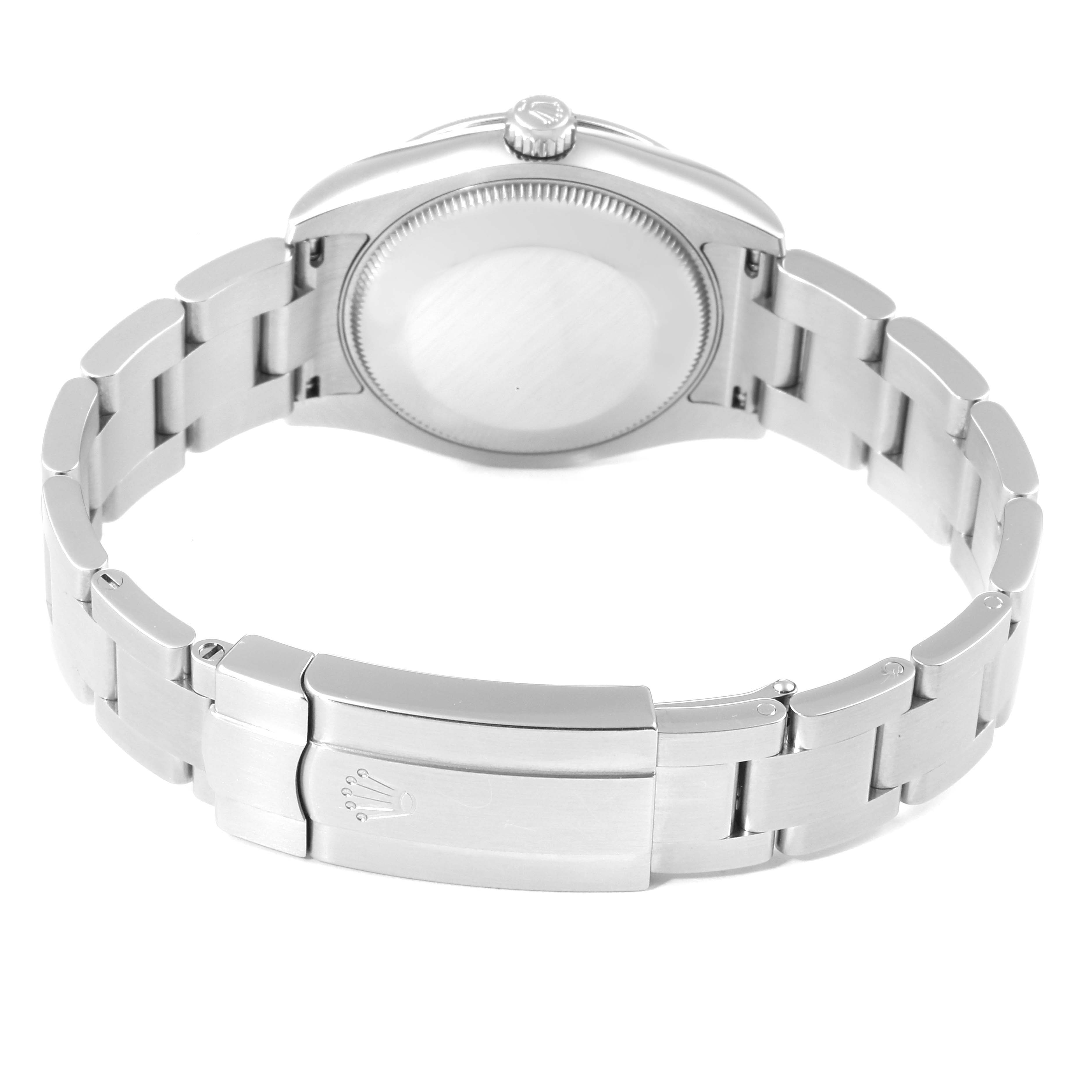 This image shows the back and clasp of a Rolex Oyster Perpetual 177200 Men
s Stainless Steel Blue Dial 177200 Men
s Stainless Steel Blue Dial watch from a rear angle.