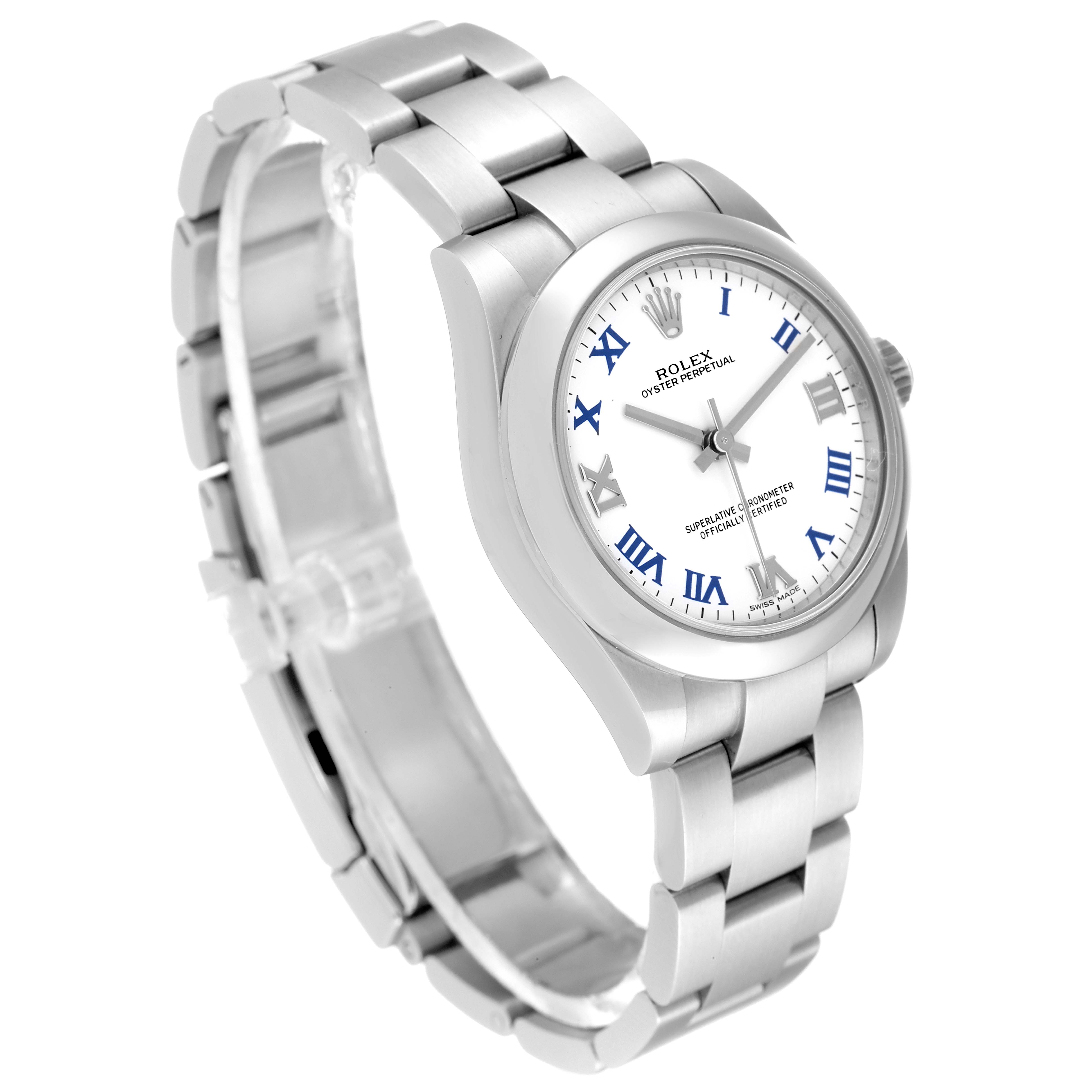 The image shows a Rolex Mid-Size 177200 Women
s Stainless Steel White Dial 177200 Women
s Stainless Steel White Dial watch from an angled top view, highlighting the face, bezel, and bracelet.