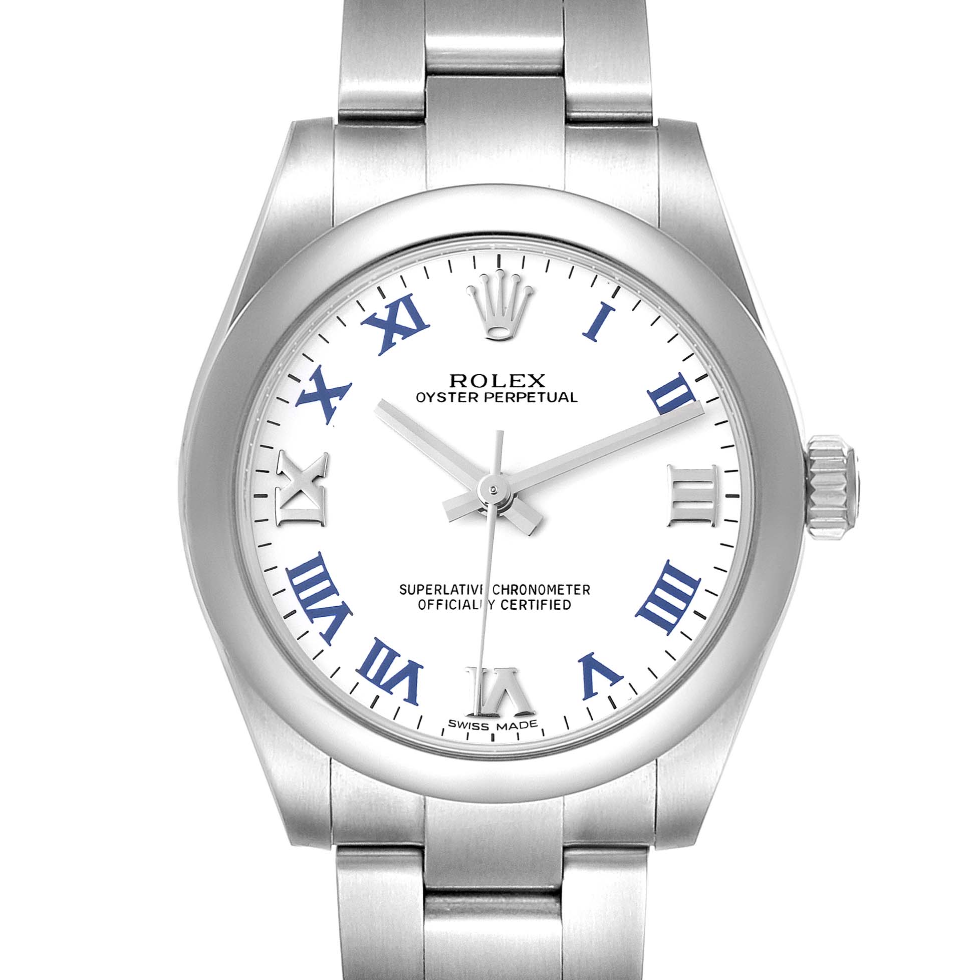The image shows a front view of a Rolex Oyster Perpetual Mid-Size watch with a white dial, Roman numerals, and a metal bracelet.
