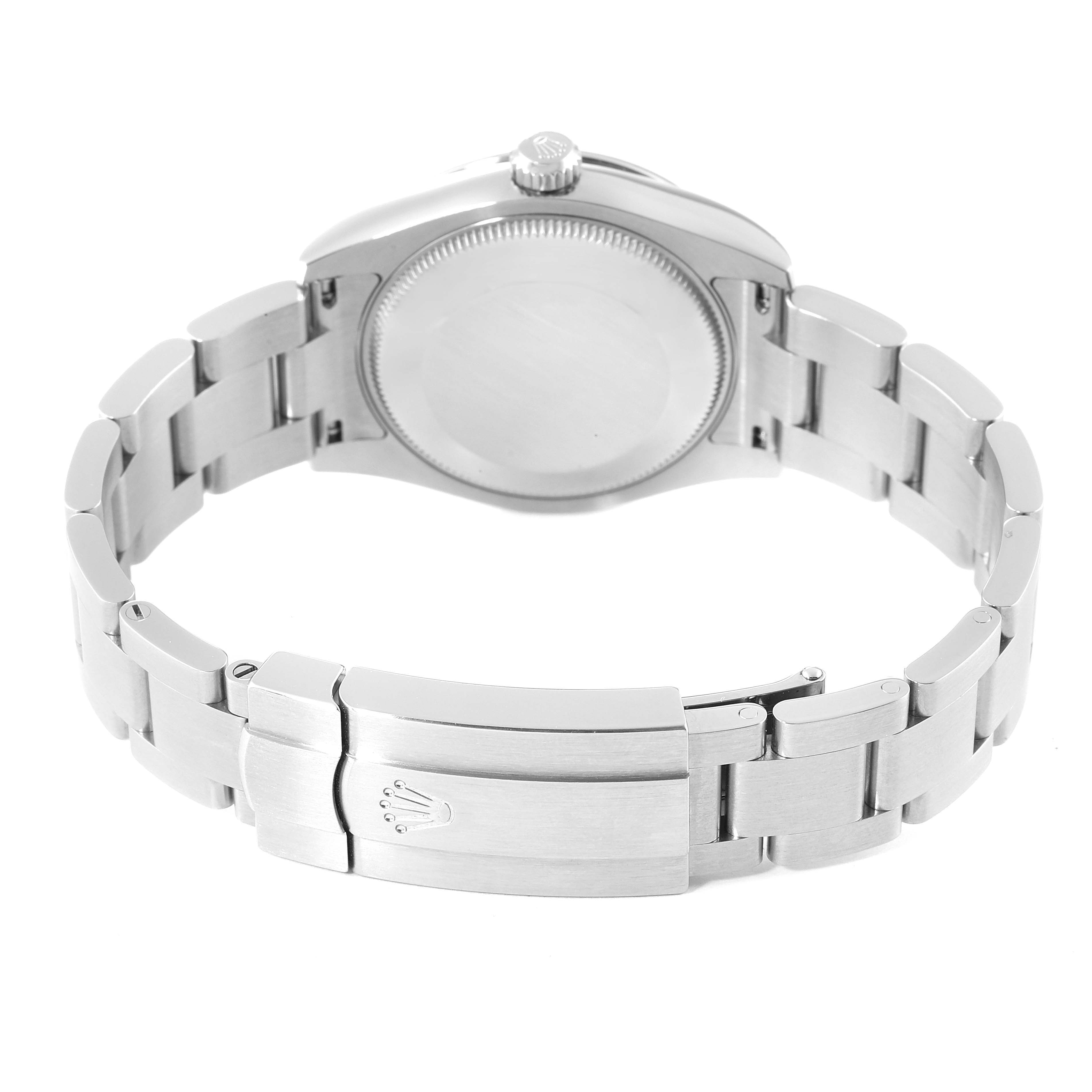 This image shows the rear view of a Rolex Mid-Size 177200 Women
s Stainless Steel White Dial 177200 Women
s Stainless Steel White Dial model watch, highlighting the case back and the bracelet with its clasp.