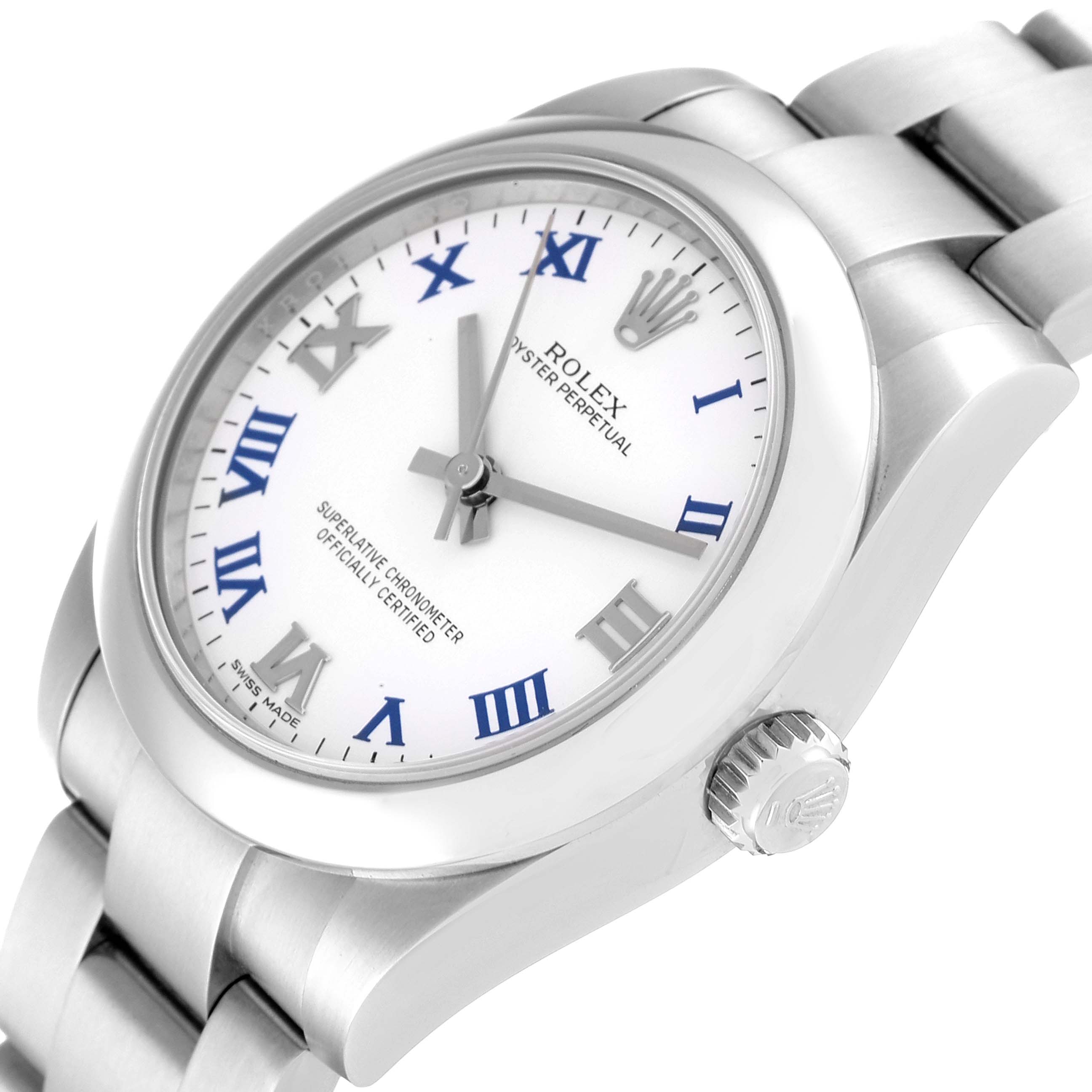 This image shows a side angled view of a Rolex Mid-Size 177200 Women
s Stainless Steel White Dial 177200 Women
s Stainless Steel White Dial Oyster Perpetual watch, displaying its face, bezel, bracelet, and crown.