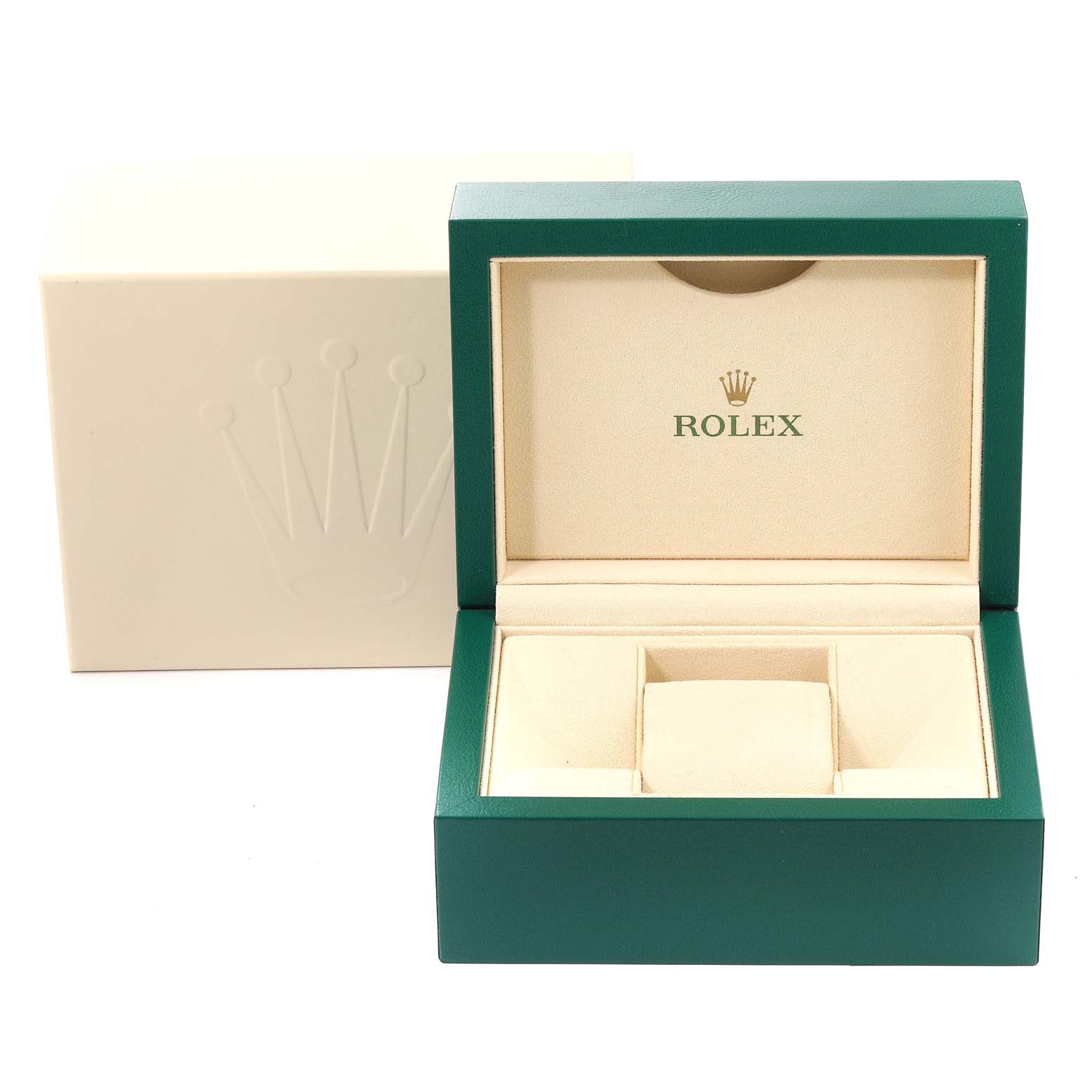 The image shows a Rolex Mid-Size 177200 Women
s Stainless Steel White Dial 177200 Women
s Stainless Steel White Dial model watch box, open with the interior padding and outer packaging visible.