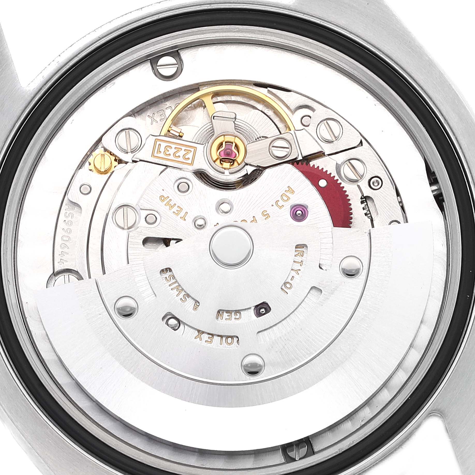 This image shows the internal mechanism of a Rolex Mid-Size 177200 Women
s Stainless Steel White Dial 177200 Women
s Stainless Steel White Dial model watch viewed from the back, revealing the intricate gears and rotor.