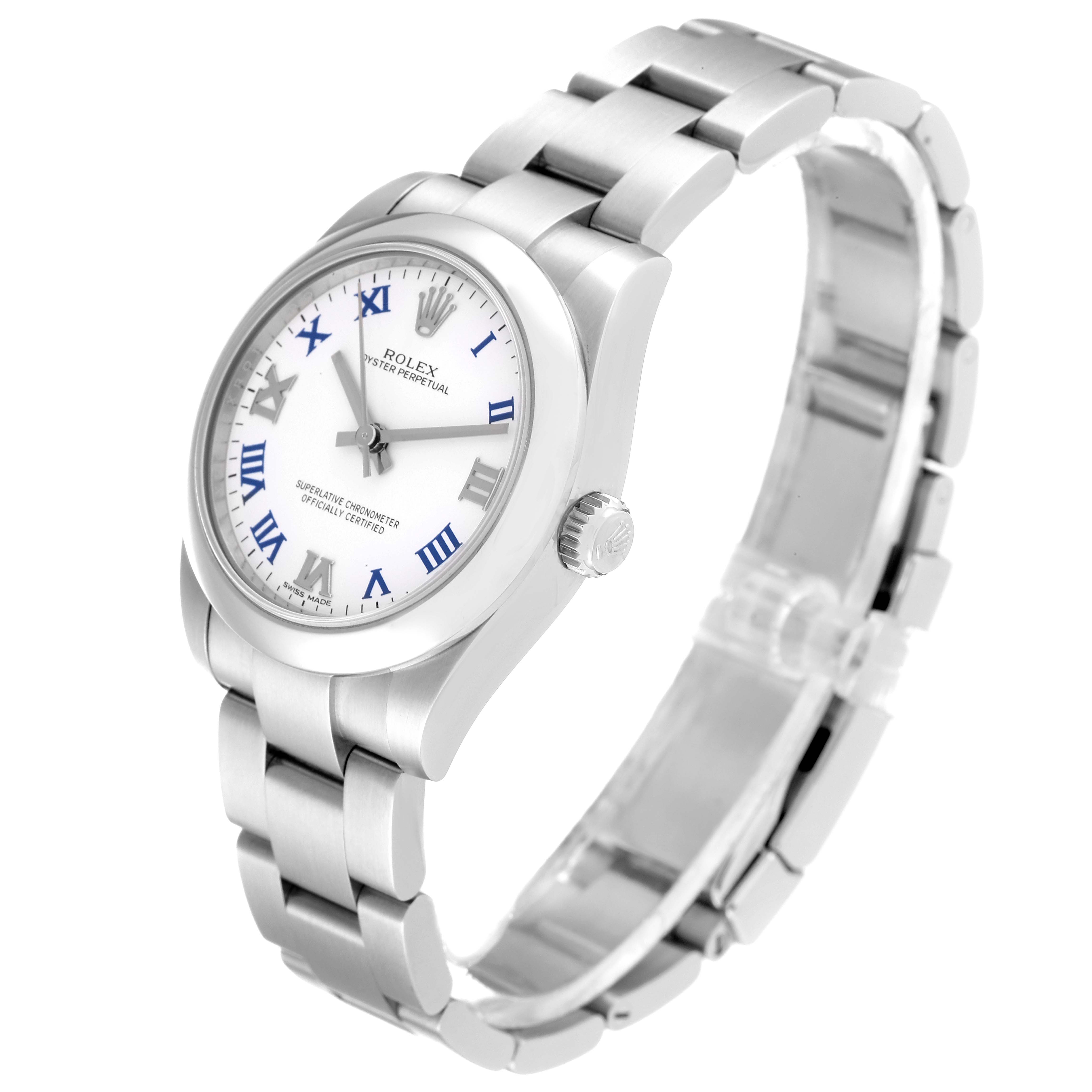 The image shows a Rolex Mid-Size 177200 Women
s Stainless Steel White Dial 177200 Women
s Stainless Steel White Dial watch angled from the front-left, highlighting the dial, bezel, and bracelet.