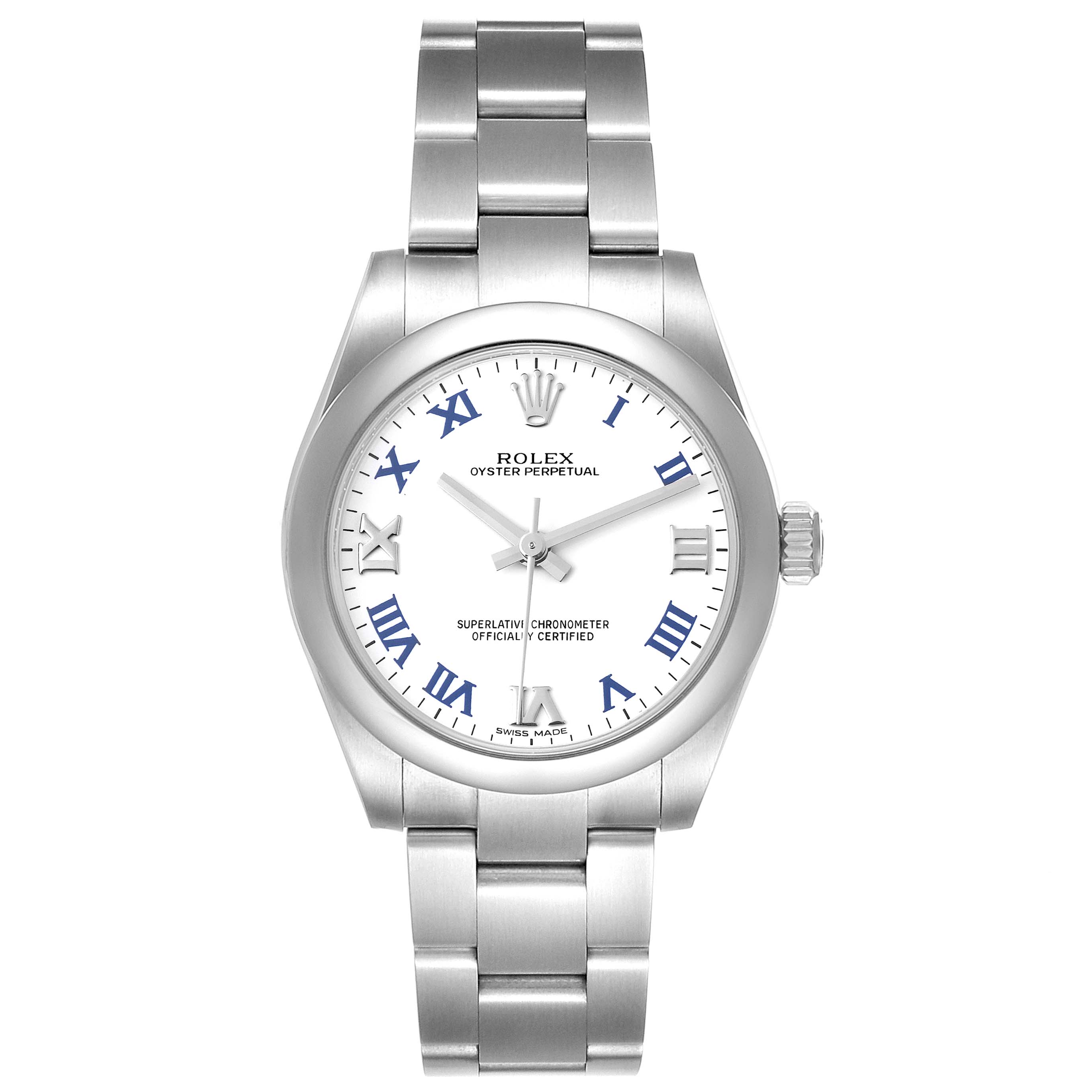 The image shows the front of the Rolex Oyster Perpetual Mid-Size watch, highlighting its dial, hands, and bracelet.