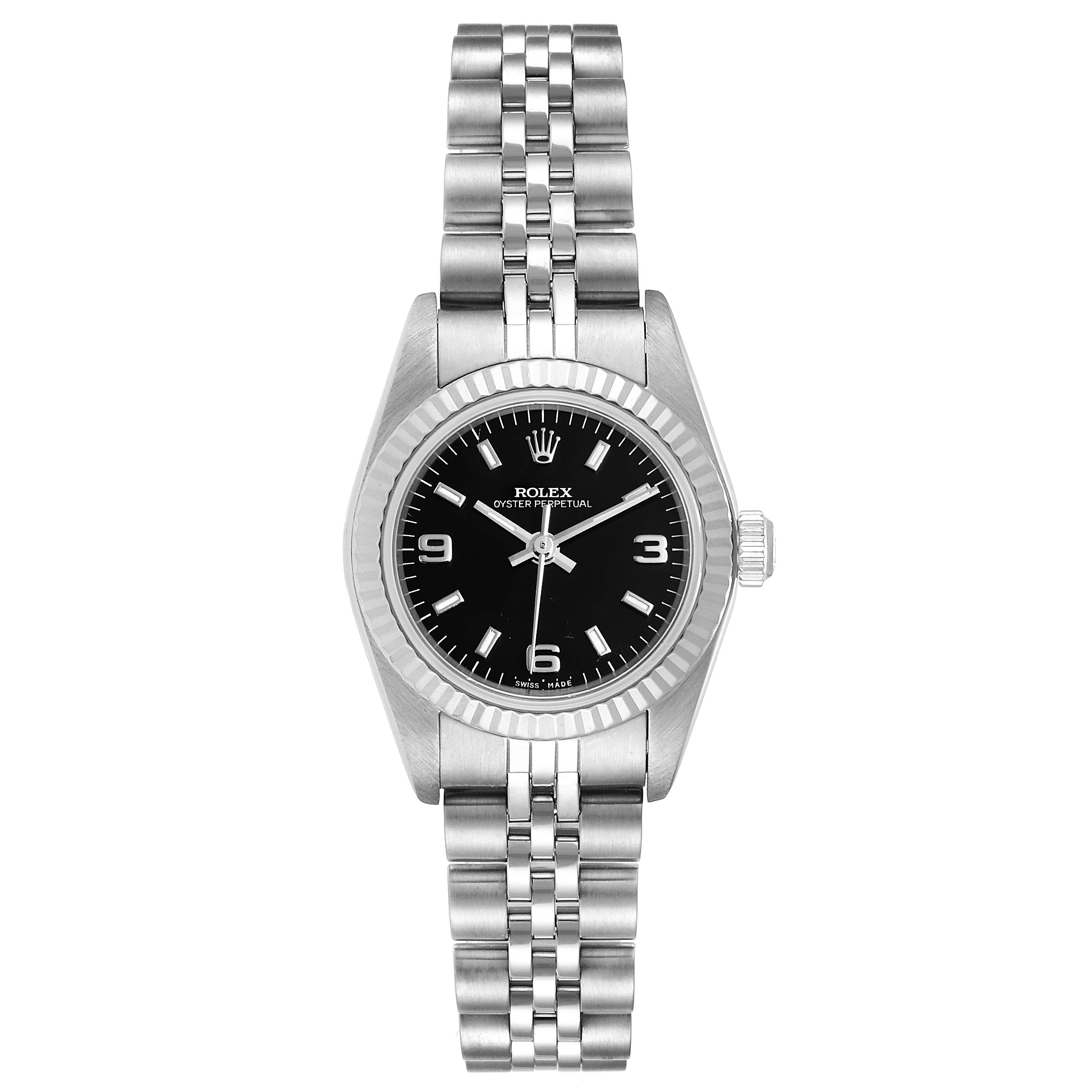 This image shows a front view of the Rolex Oyster Perpetual 76094 Women
s Stainless Steel Black Dial 76094 Women
s Stainless Steel Black Dial watch, highlighting its black dial and stainless steel bracelet.