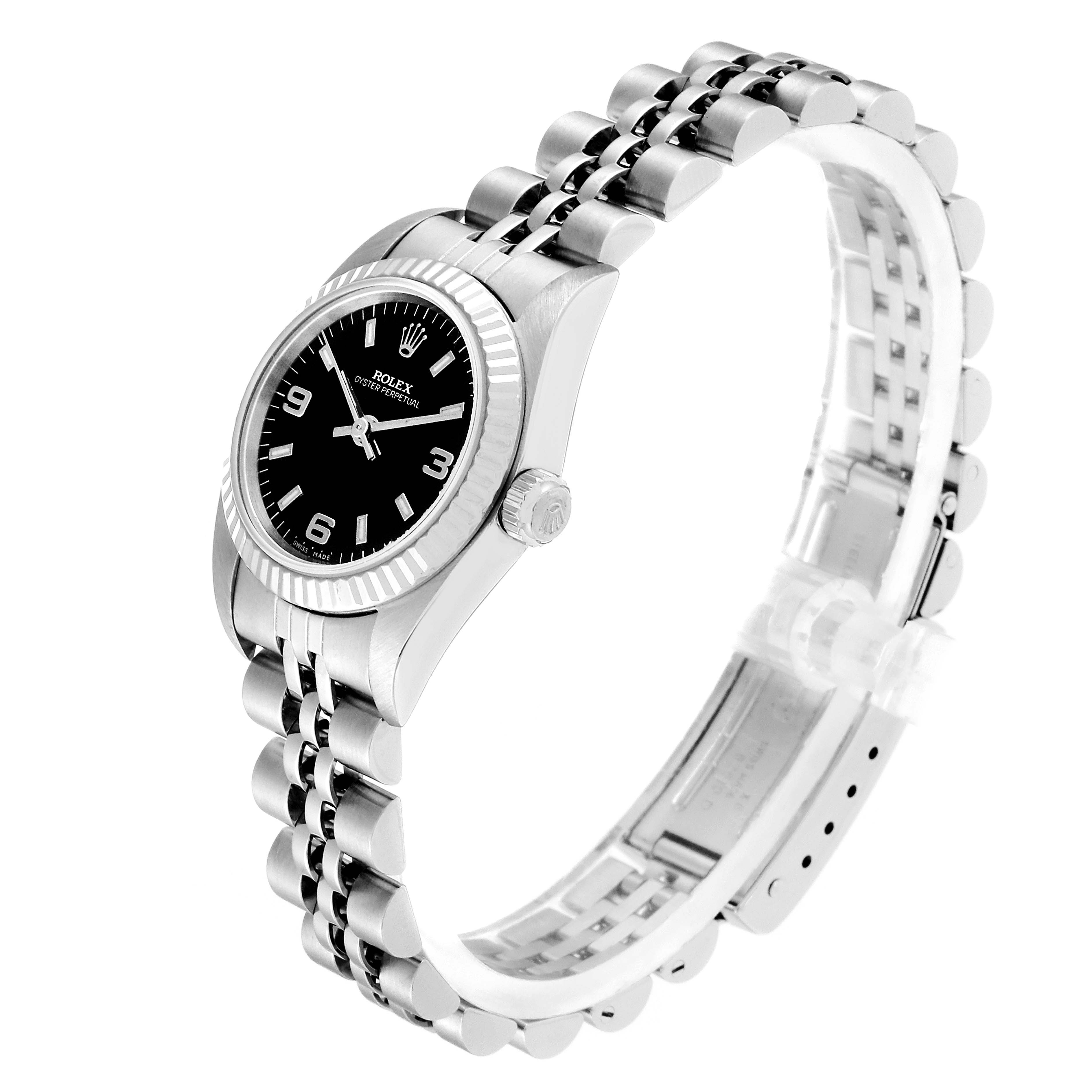 This image shows a side view of a Rolex Oyster Perpetual 76094 Women
s Stainless Steel Black Dial 76094 Women
s Stainless Steel Black Dial watch displaying its bezel, crown, case, dial, and bracelet.