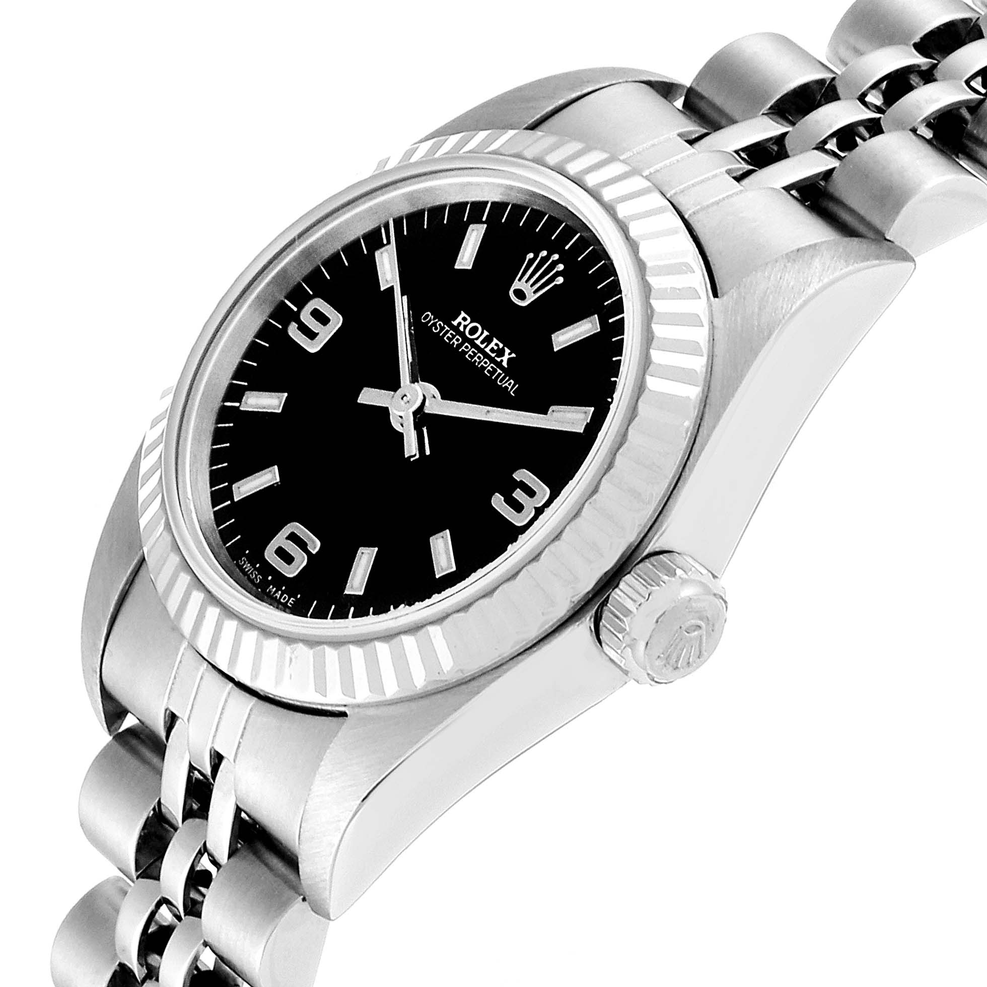The image shows a side angle of a Rolex Oyster Perpetual 76094 Women
s Stainless Steel Black Dial 76094 Women
s Stainless Steel Black Dial watch, highlighting its bezel, crown, and bracelet.