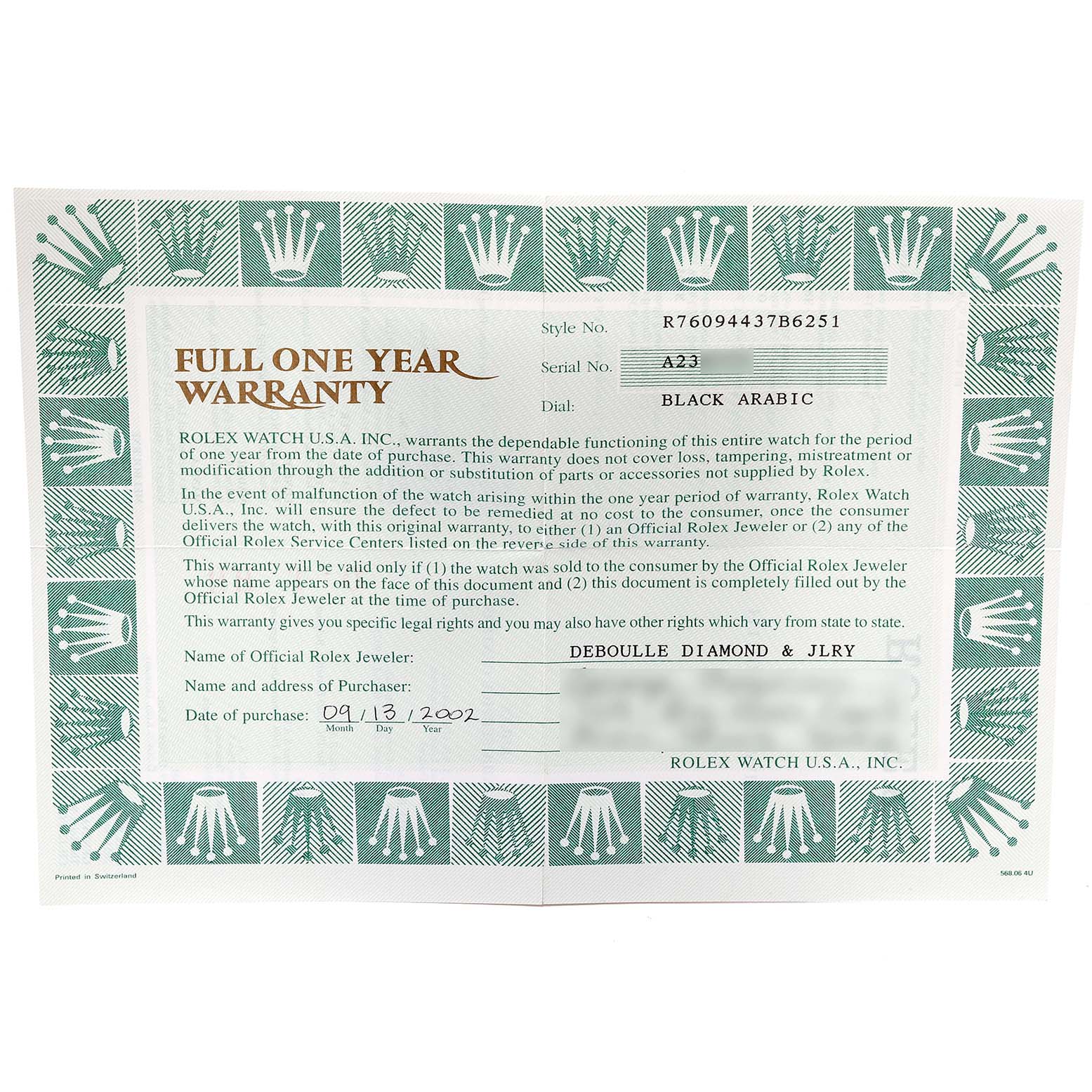 This image shows the one-year warranty certificate for a Rolex Oyster Perpetual 76094 Women
s Stainless Steel Black Dial 76094 Women
s Stainless Steel Black Dial watch.