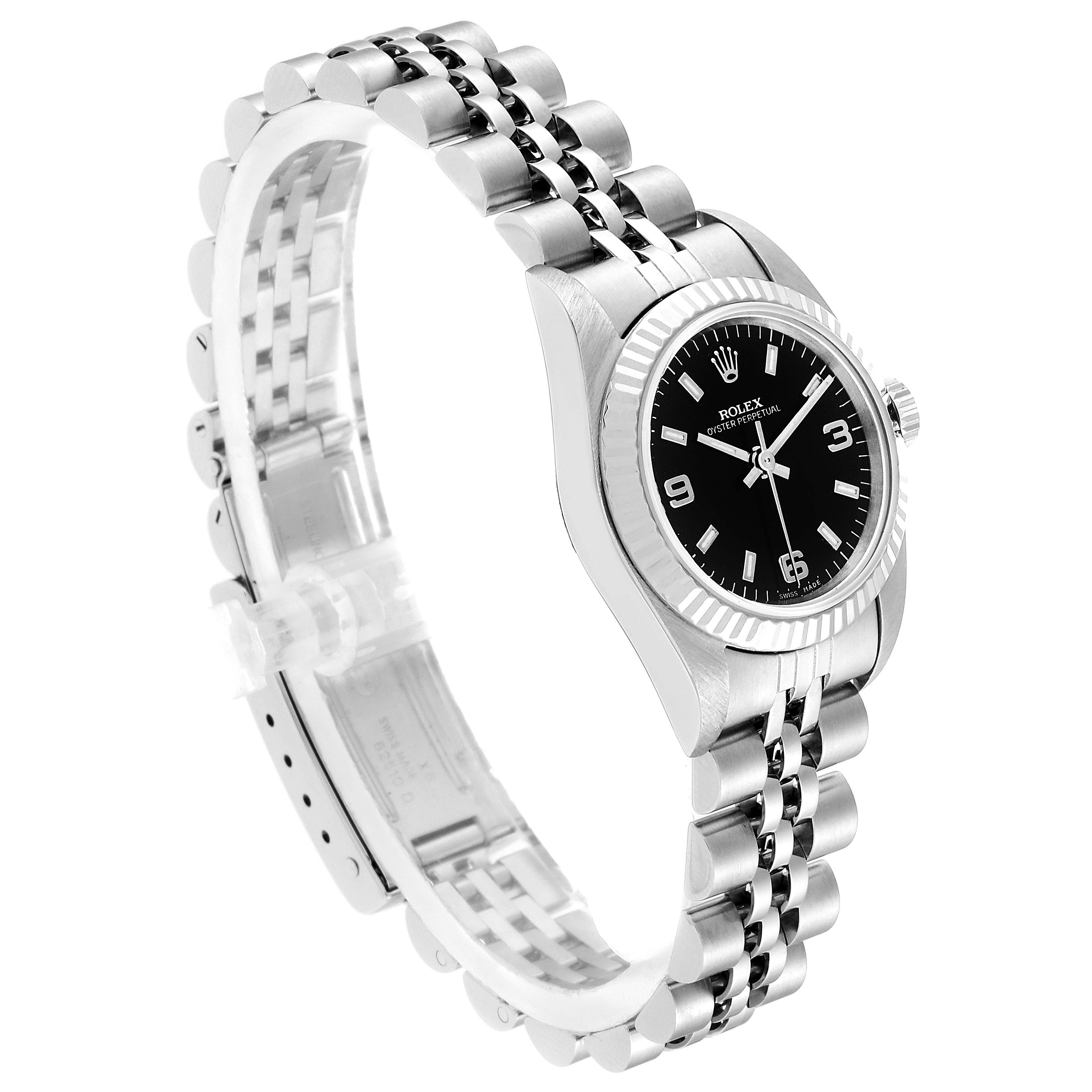 This image shows a Rolex Oyster Perpetual 76094 Women
s Stainless Steel Black Dial 76094 Women
s Stainless Steel Black Dial watch at a three-quarter angle, highlighting its bracelet, case, and black dial.