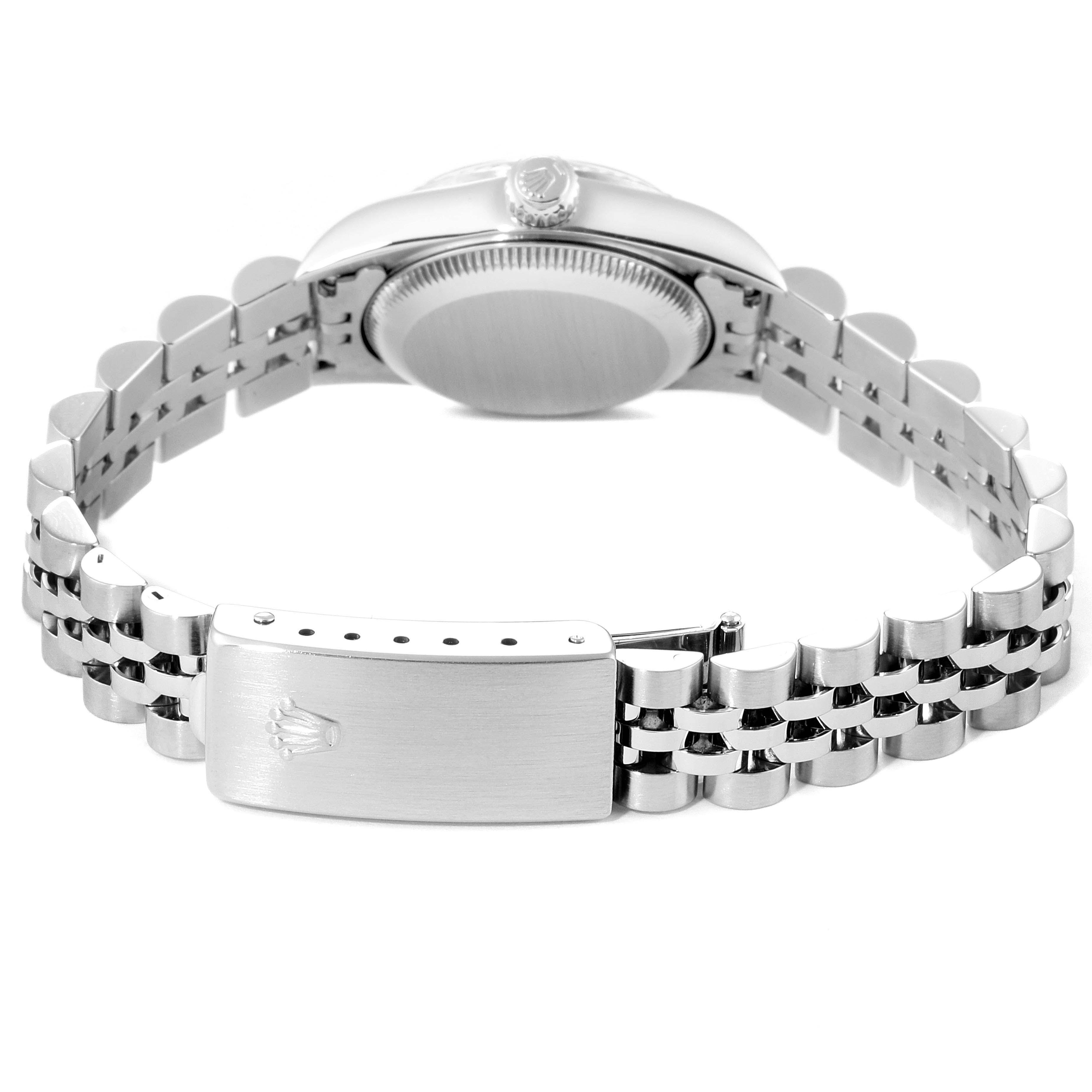 The image shows the back and side view of the Oyster Perpetual model by Rolex, highlighting the bracelet and clasp.