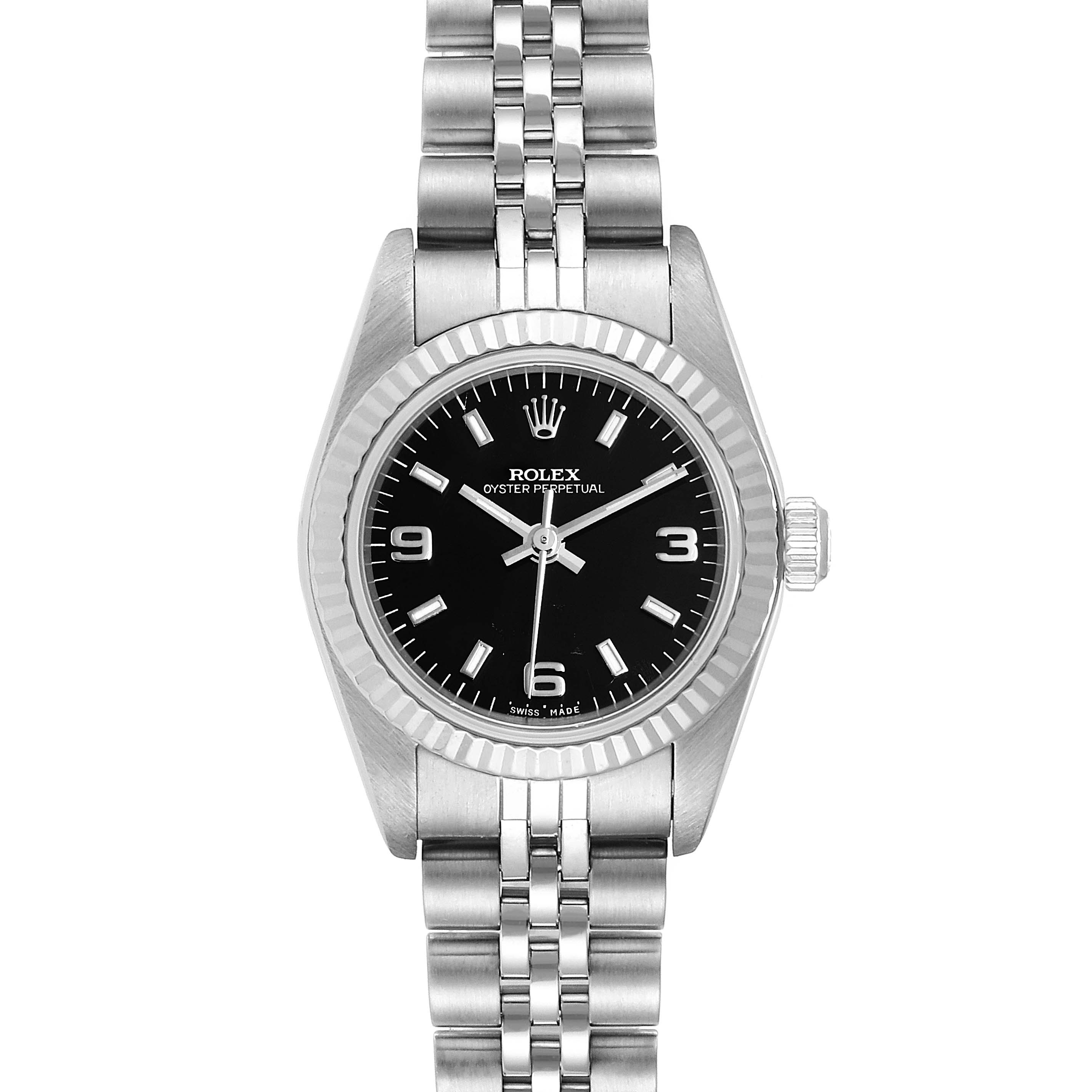 This image shows a frontal view of the Rolex Oyster Perpetual 76094 Women
s Stainless Steel Black Dial 76094 Women
s Stainless Steel Black Dial watch, displaying the dial, bezel, case, and bracelet.