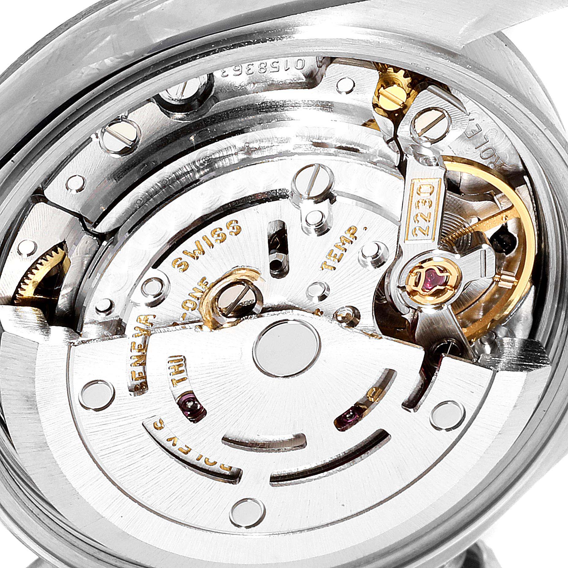 This image shows a close-up of the Rolex Oyster Perpetual 76094 Women
s Stainless Steel Black Dial 76094 Women
s Stainless Steel Black Dial
s movement mechanism internals.