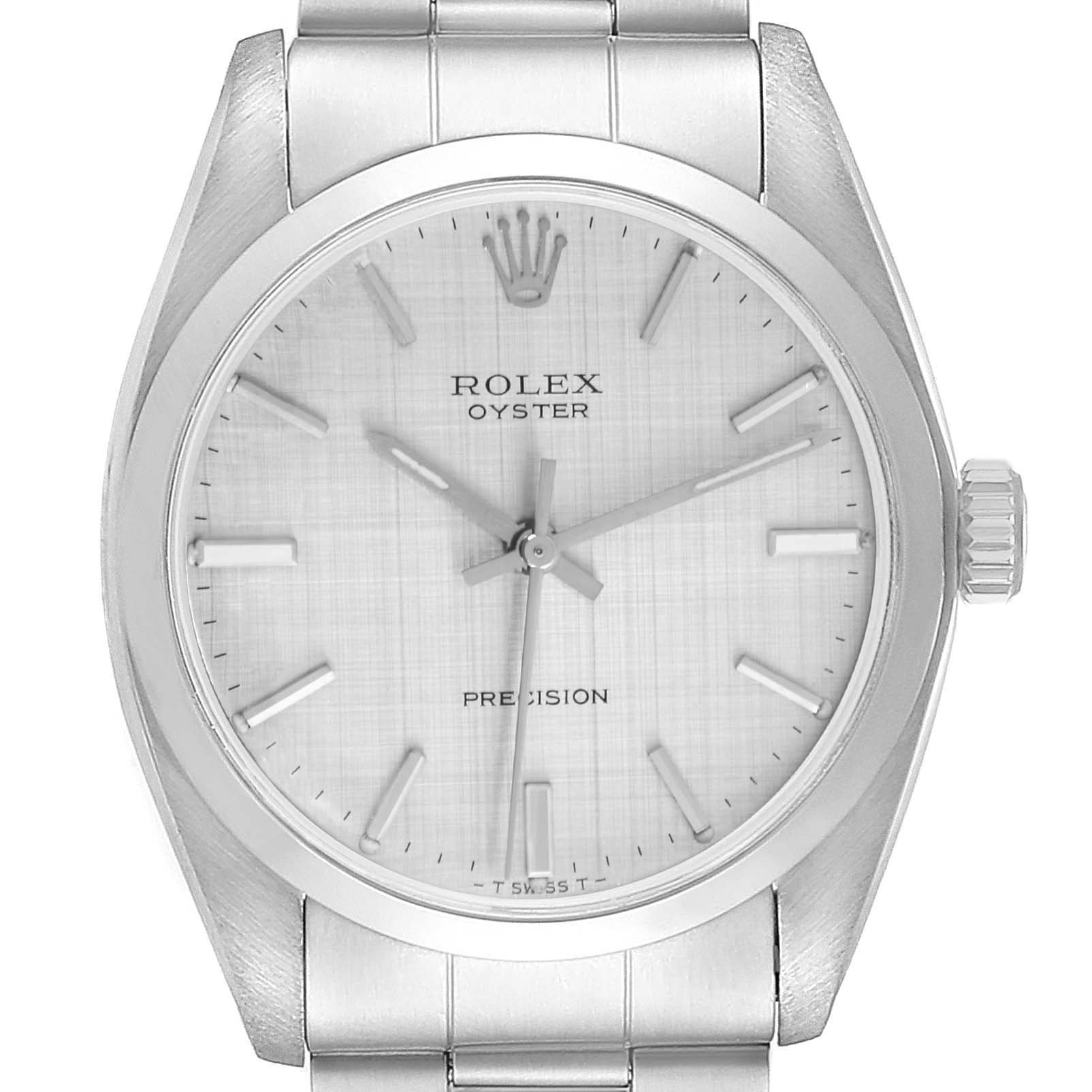 The Rolex Vintage Collection model 6426 is shown from the front, displaying the dial, hour markers, hands, crown, and part of the bracelet.