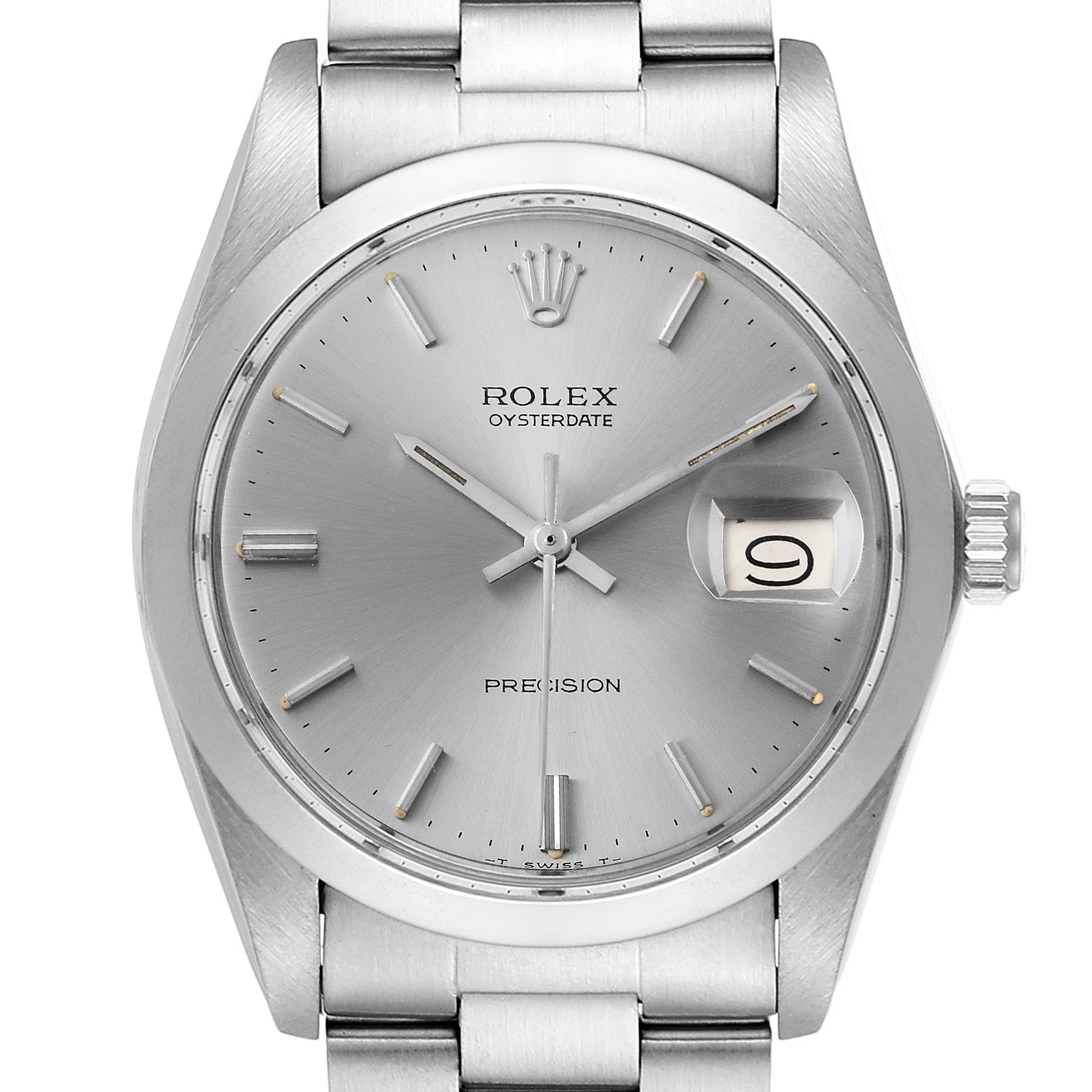 The image shows a frontal view of the Rolex Vintage Collection 6694 Men's Stainless Steel Silver Dial 6694 Men's Stainless Steel Silver Dial Oysterdate watch, highlighting the dial, crown, and part of the bracelet.