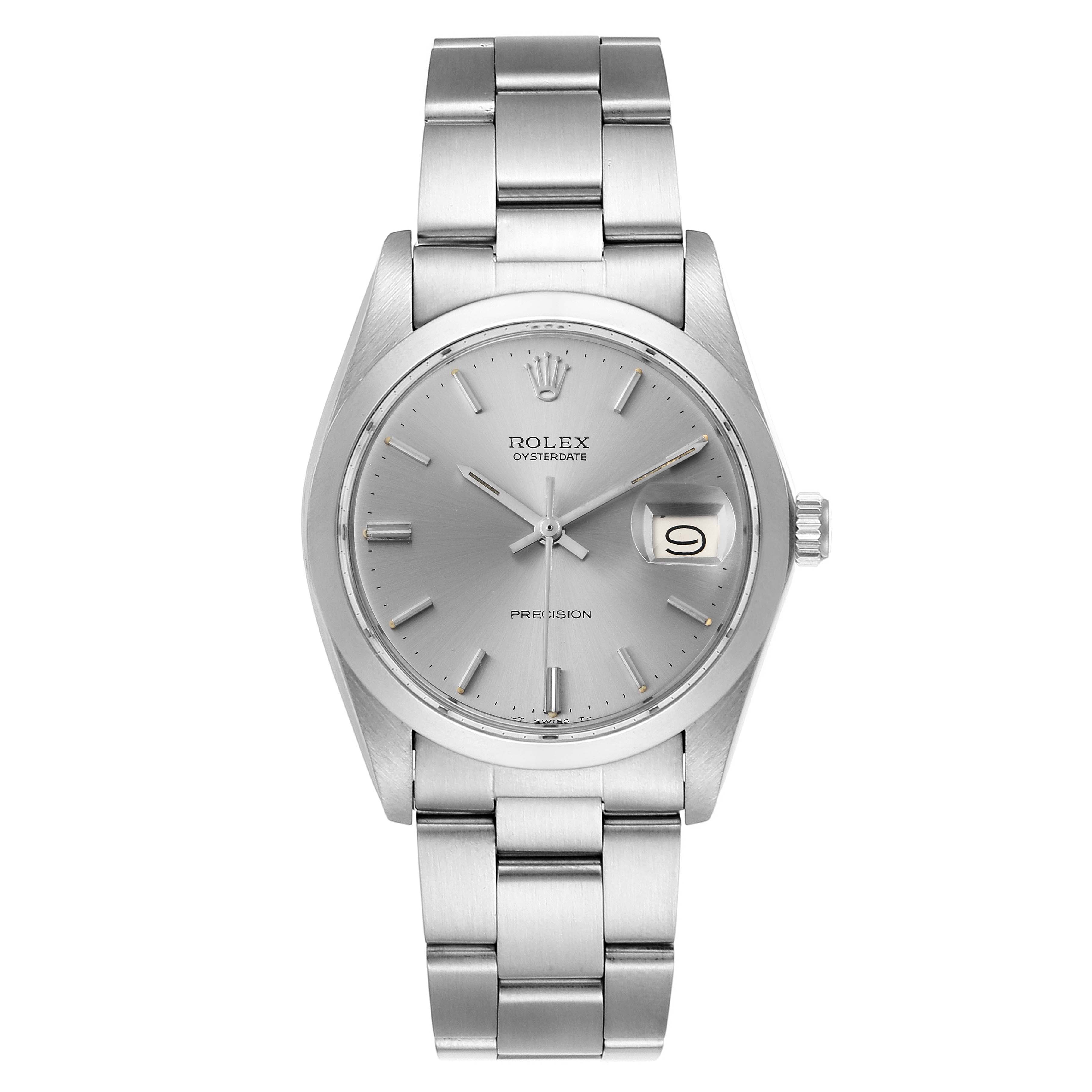 The image shows a front view of the Rolex Vintage Collection 6694 Men's Stainless Steel Silver Dial 6694 Men's Stainless Steel Silver Dial watch, displaying its silver dial, date window, and its stainless steel bracelet.