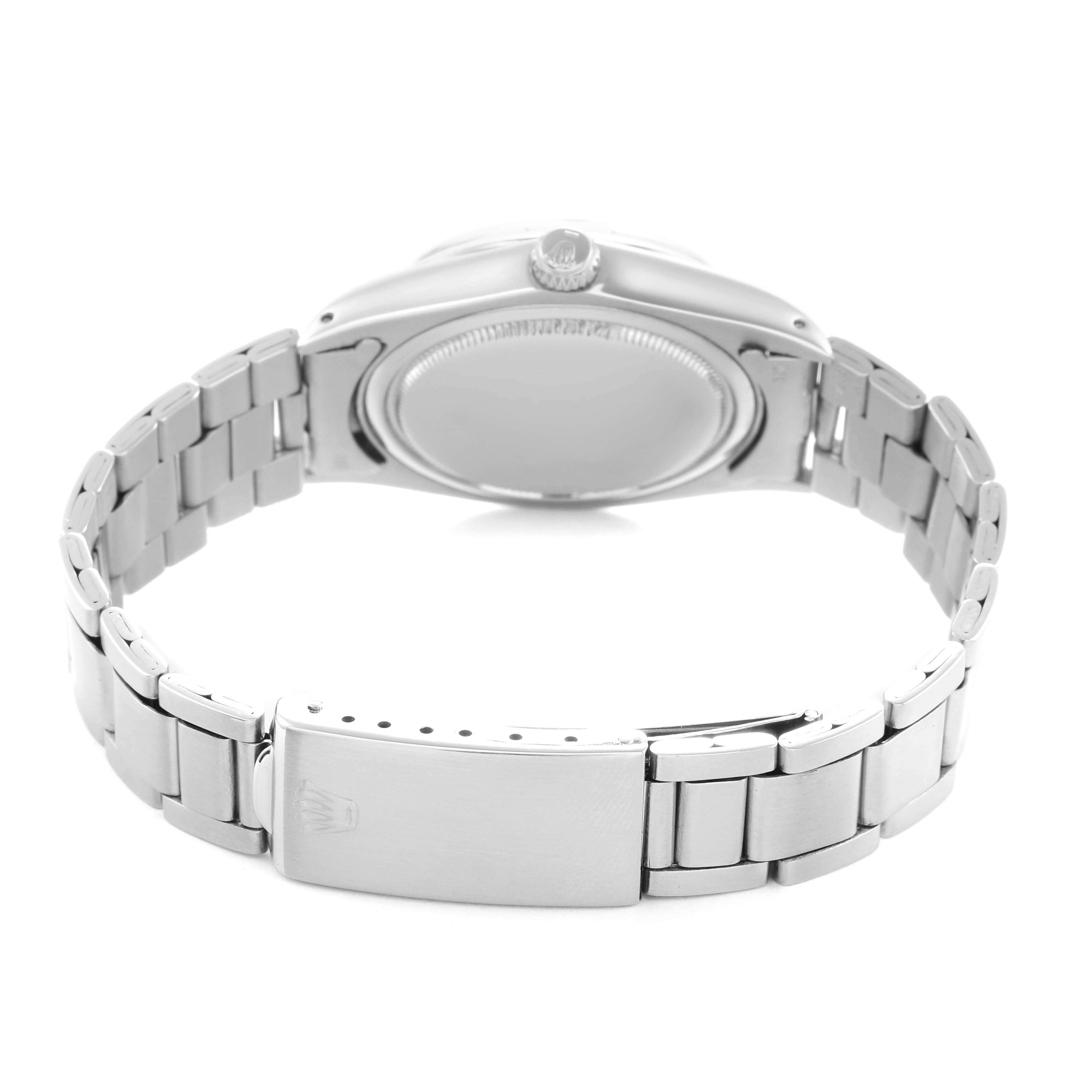 The image shows a Rolex Vintage Collection model 6694 men
s watch from a rear angle, highlighting the bracelet, clasp, case back, and crown.