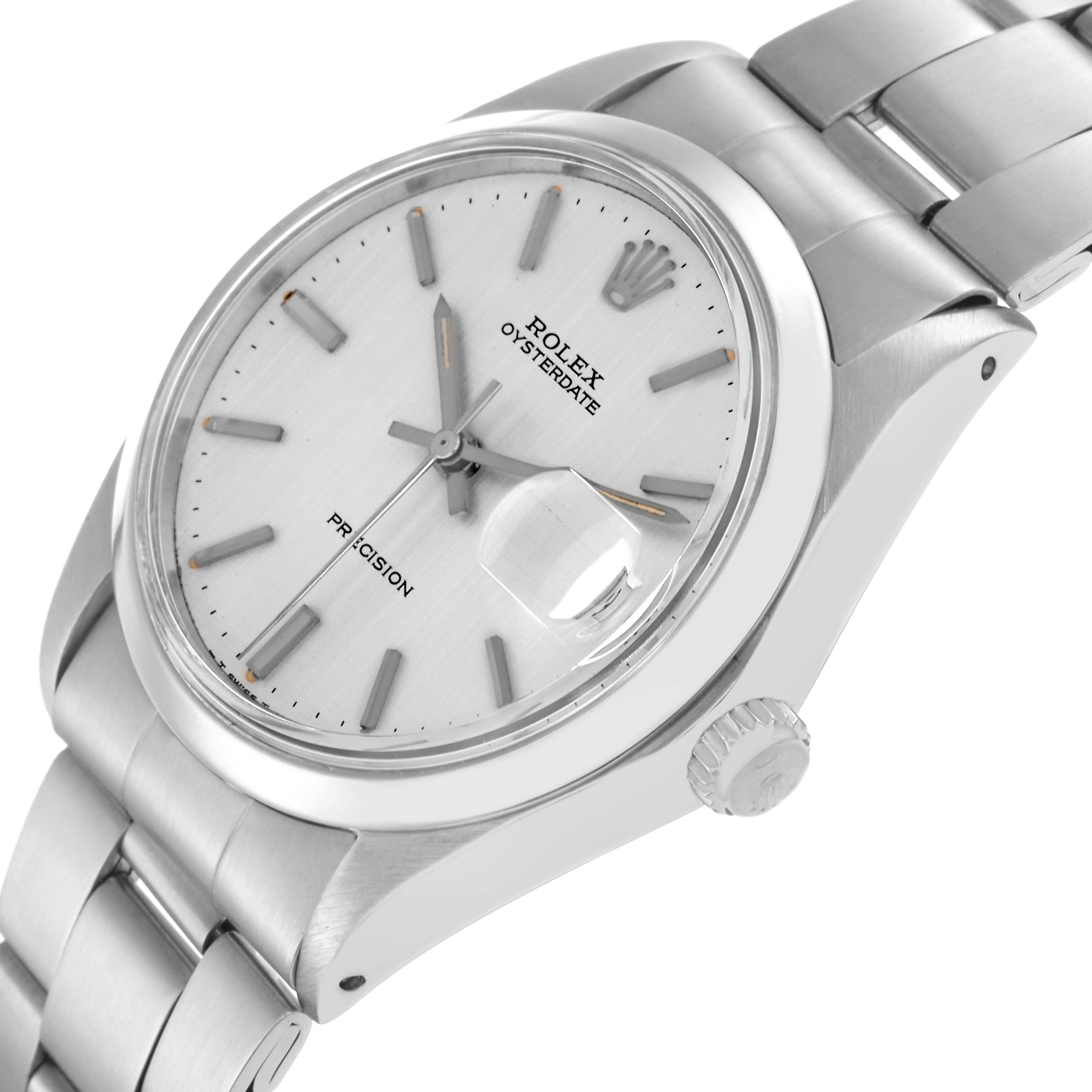 The Rolex Vintage Collection model 6694 men
s watch is shown at an angled close-up, highlighting the dial, hands, bracelet, crown, and date magnifier.