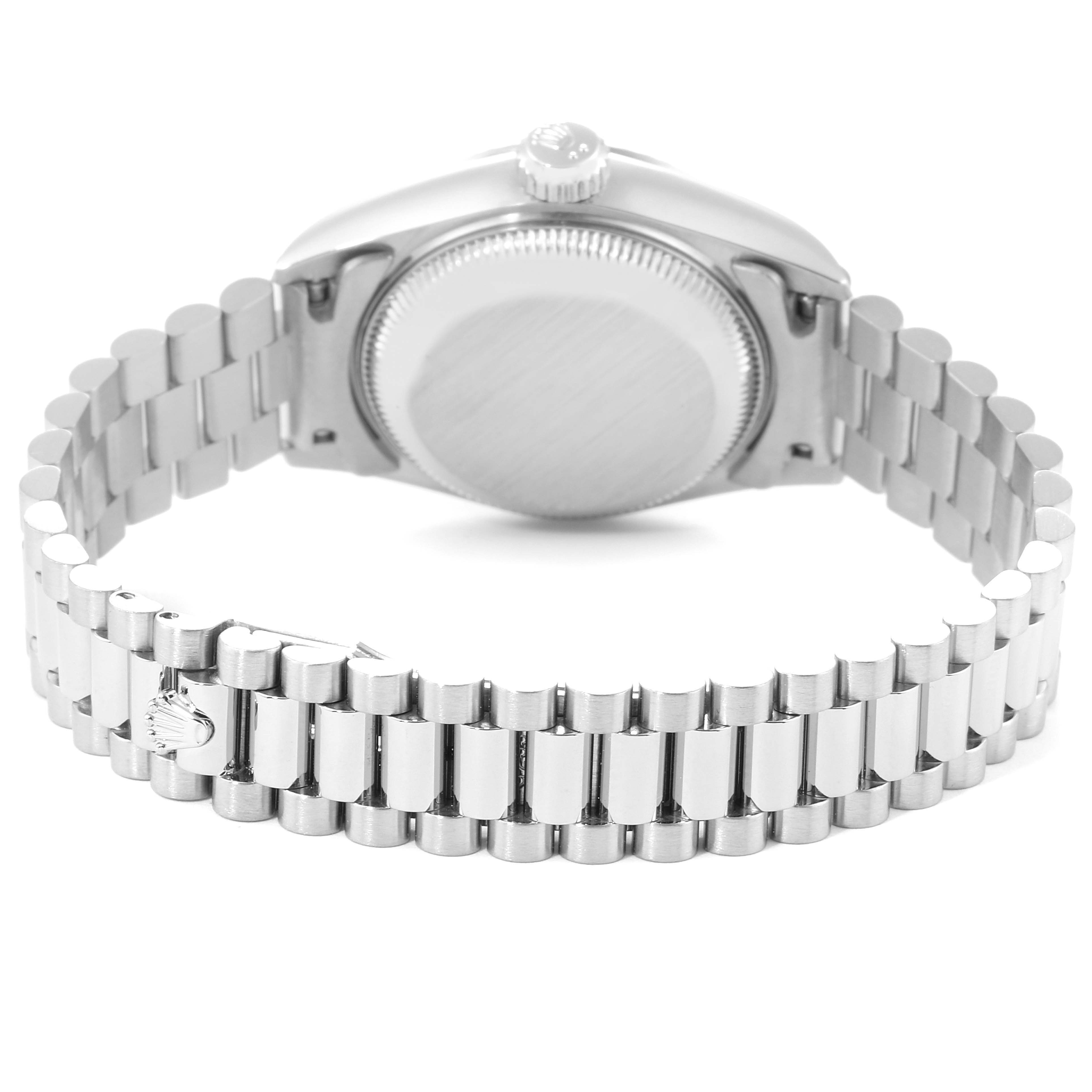 This image shows the back case and bracelet of a Rolex President 69179 Women's White Gold Silver Dial 69179 Women's White Gold Silver Dial model watch from a rear angle.