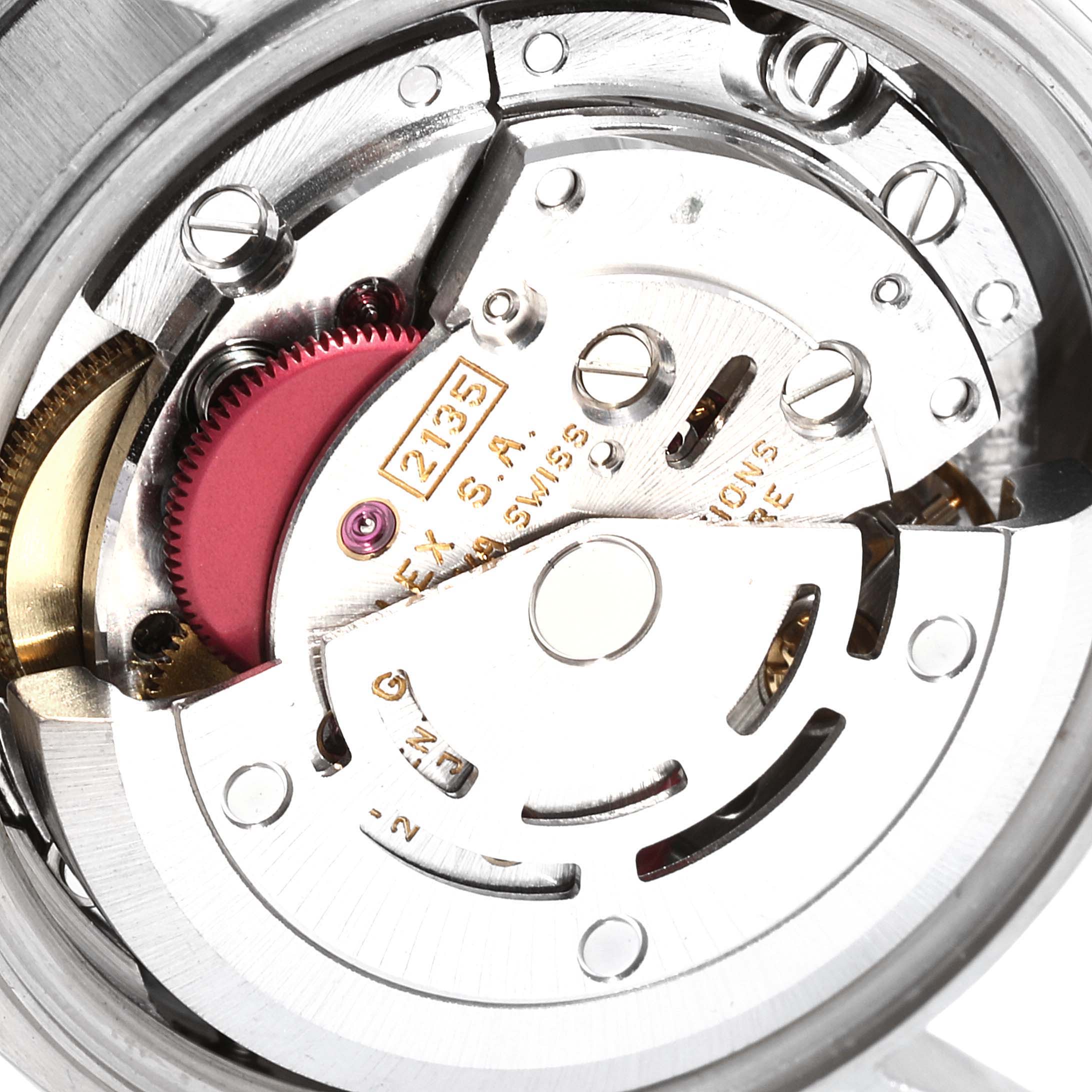 This image shows the internal movement mechanism of a Rolex President 69179 Women's White Gold Silver Dial 69179 Women's White Gold Silver Dial model watch, focusing on the gears and rotor.