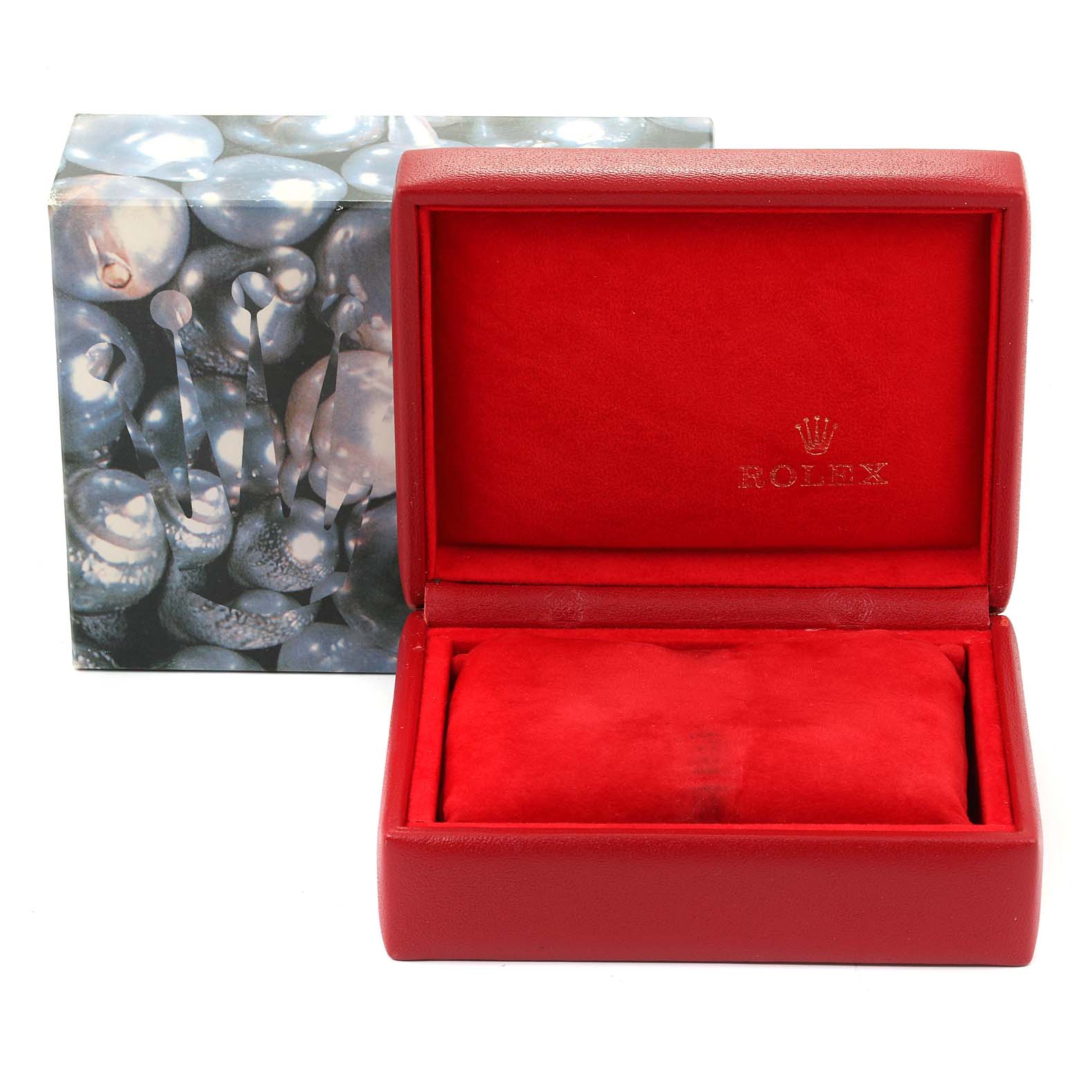 The image shows a Rolex President 69179 Women's White Gold Silver Dial 69179 Women's White Gold Silver Dial model watch box and case, open and empty, displaying the branded interior.
