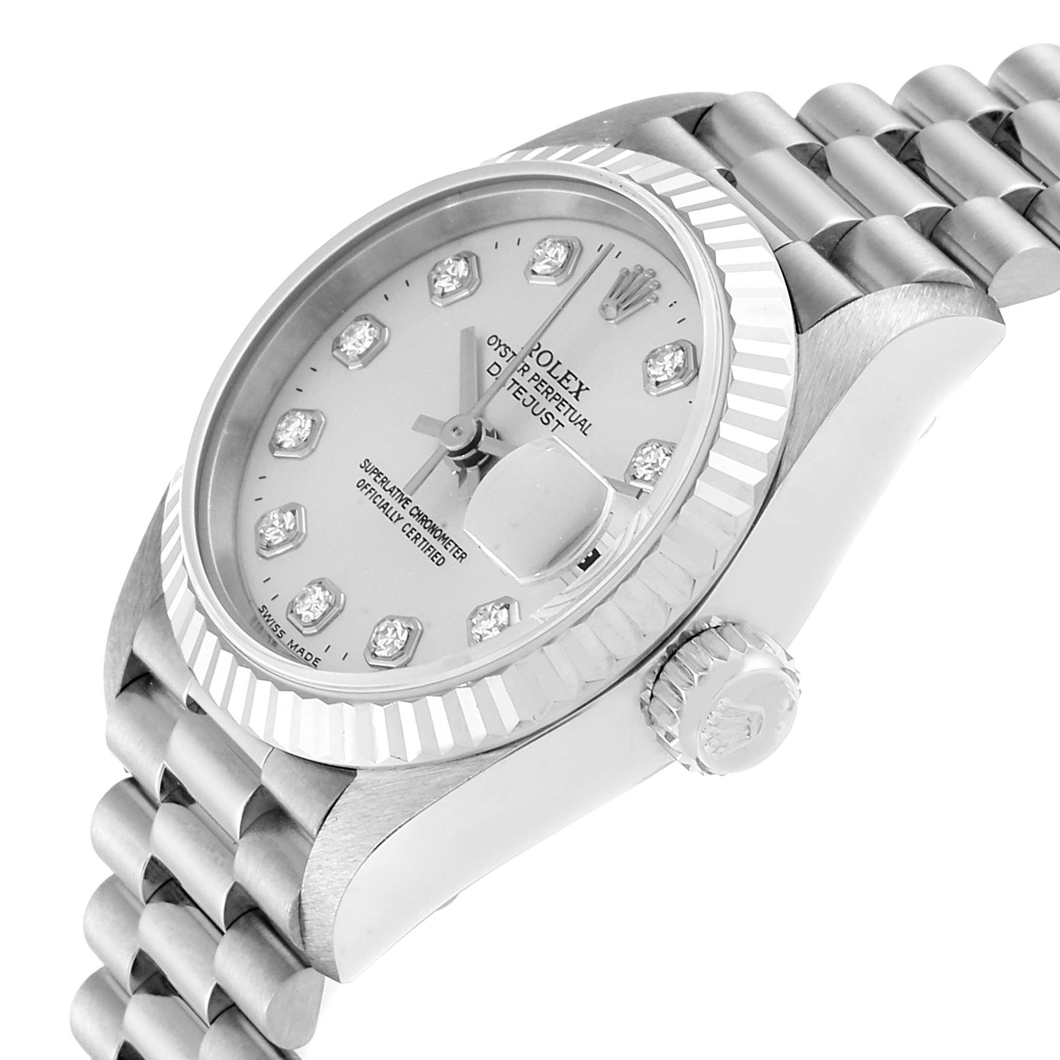 The image shows a side angle of the Rolex President 69179 Women's White Gold Silver Dial 69179 Women's White Gold Silver Dial model watch, highlighting its dial, bezel, crown, and part of the bracelet.