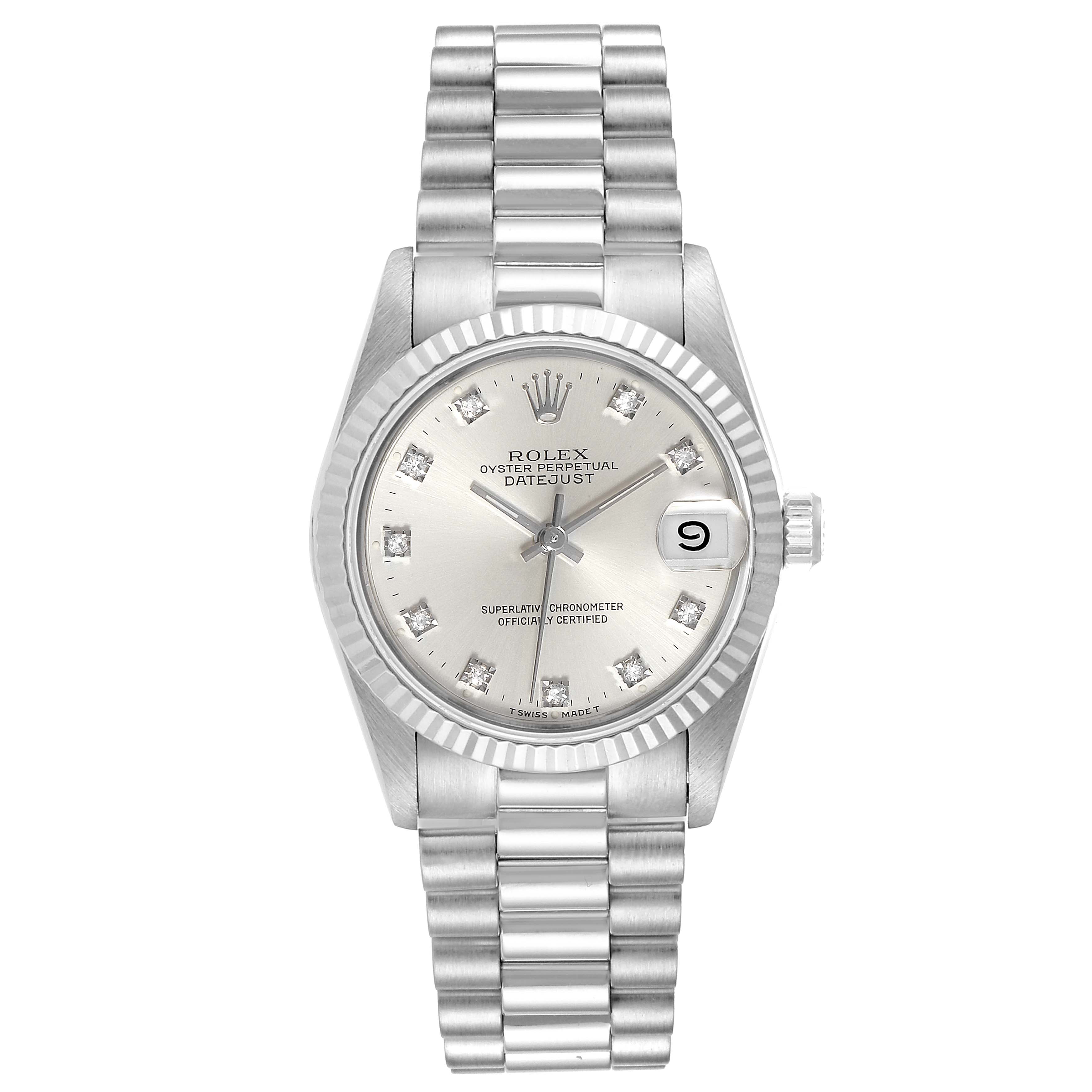 The image shows a Rolex President 68279 Women's White Gold Silver Dial 68279 Women's White Gold Silver Dial model watch from a front angle, highlighting its dial, bezel, and bracelet.