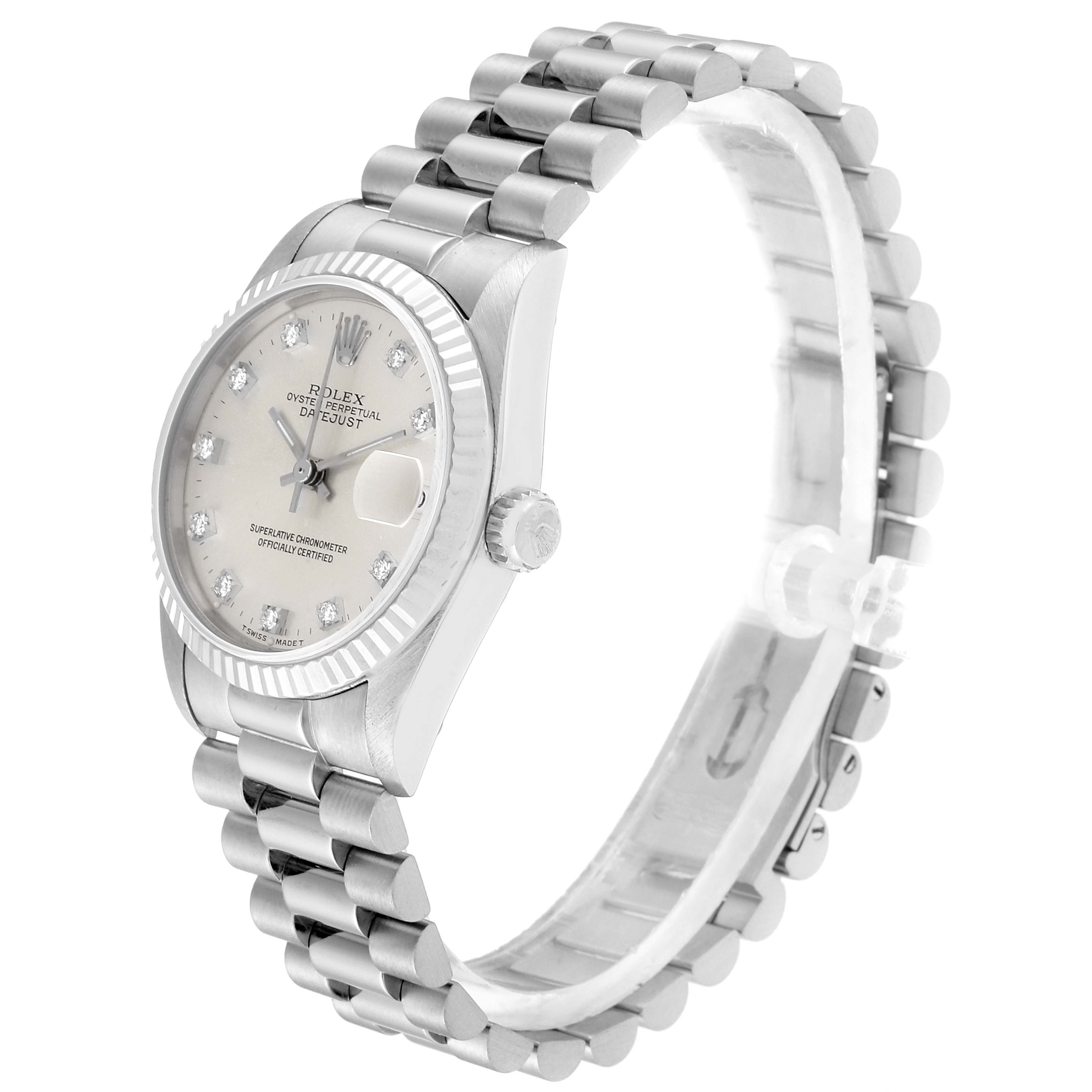 The image shows a side angle of a Rolex President 68279 Women's White Gold Silver Dial 68279 Women's White Gold Silver Dial model watch, displaying its dial, case, crown, and bracelet.
