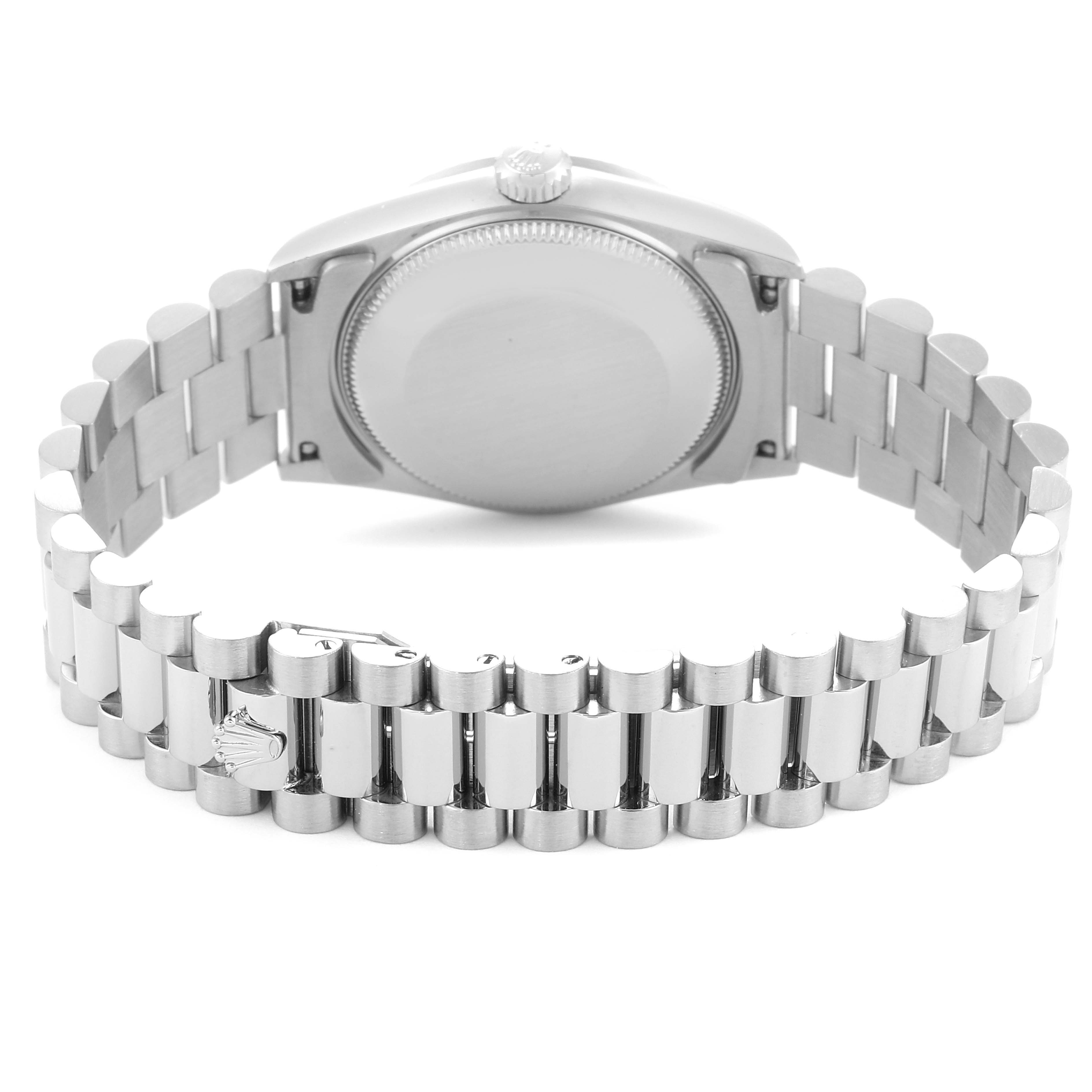 The image shows the back view of a Rolex President 68279 Women's White Gold Silver Dial 68279 Women's White Gold Silver Dial model watch, highlighting its case and bracelet.