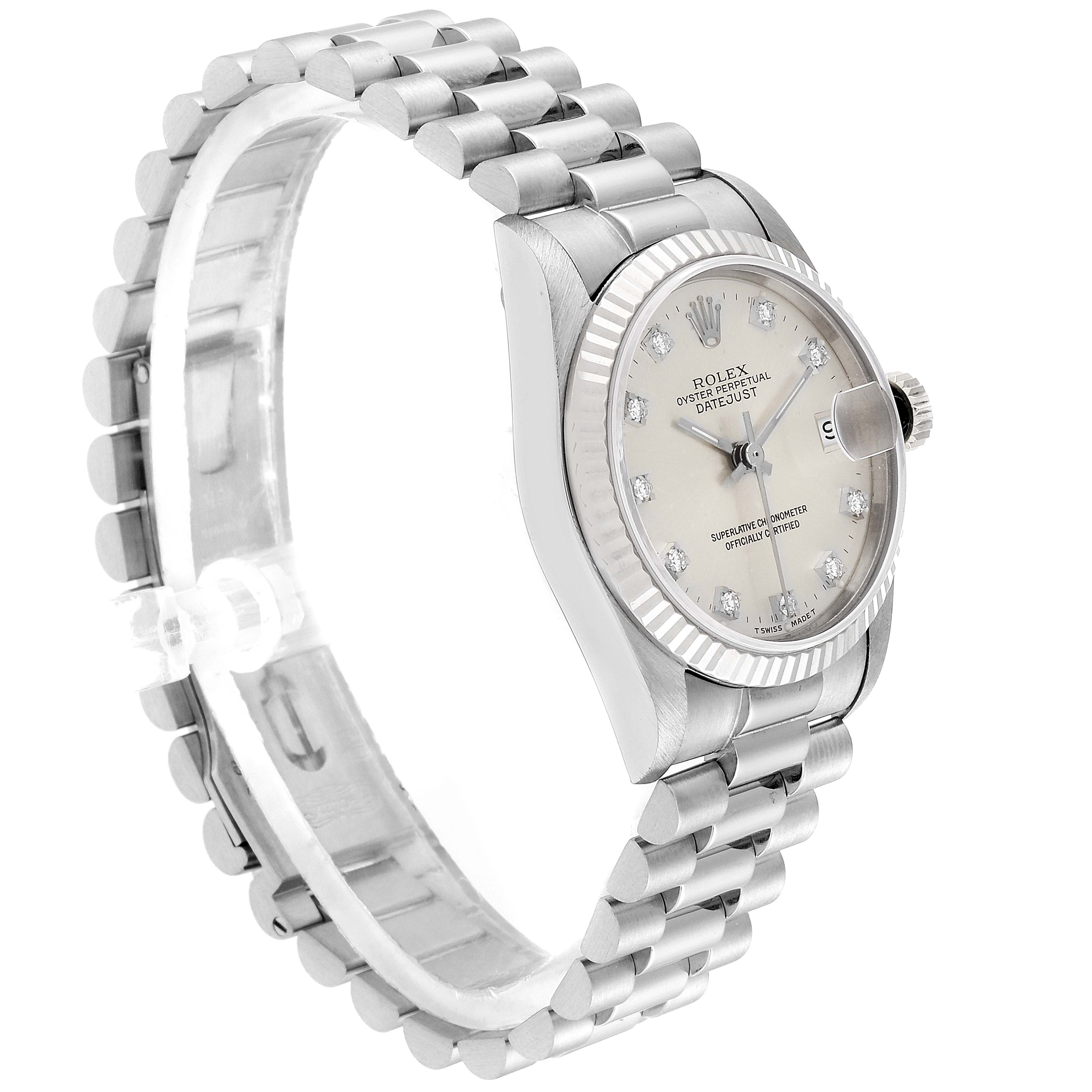 The image shows a side angle of a Rolex President 68279 Women's White Gold Silver Dial 68279 Women's White Gold Silver Dial model watch, highlighting the case, bracelet, and dial.
