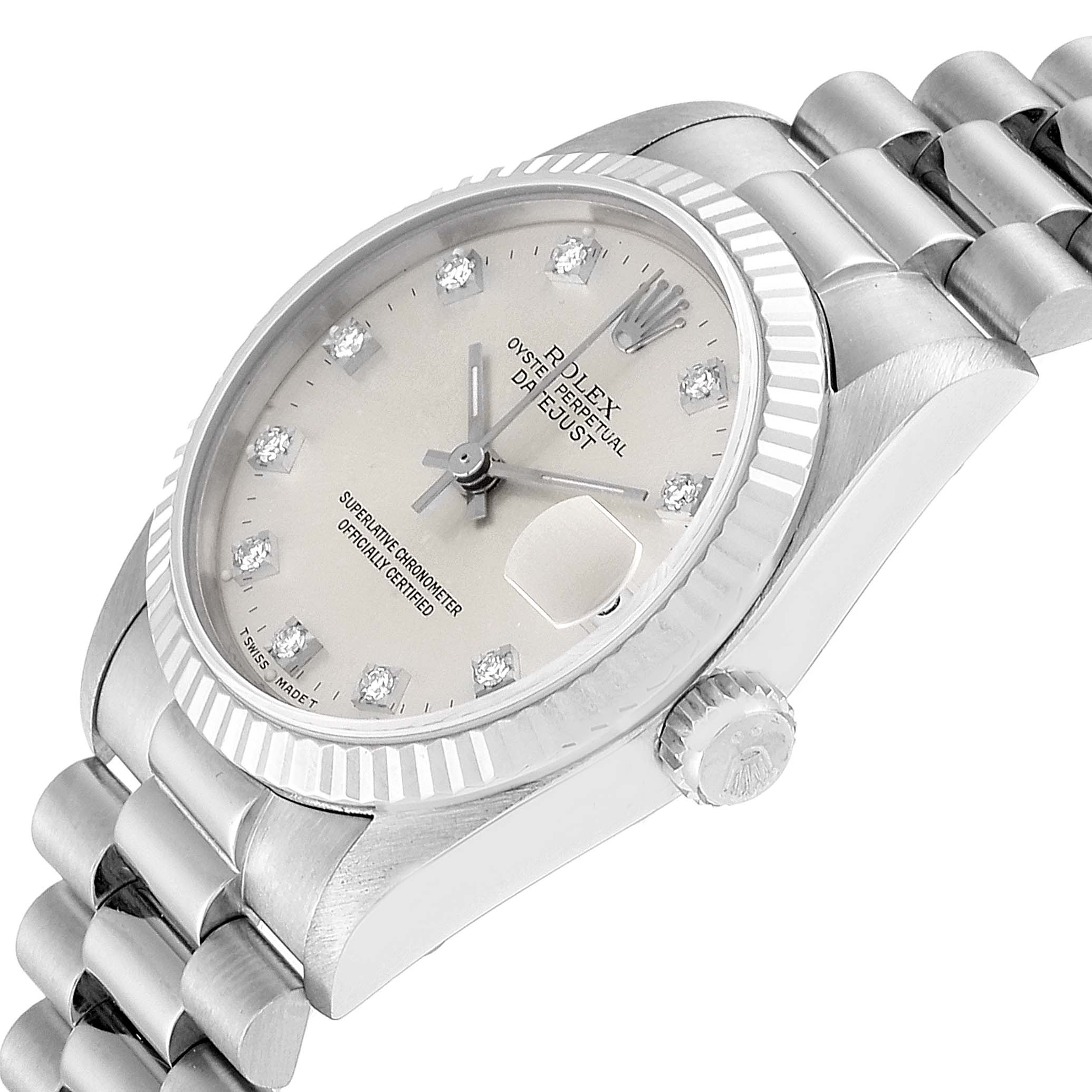 The image shows a Rolex President 68279 Women's White Gold Silver Dial 68279 Women's White Gold Silver Dial watch at an angled view, highlighting the dial, crown, and bracelet.