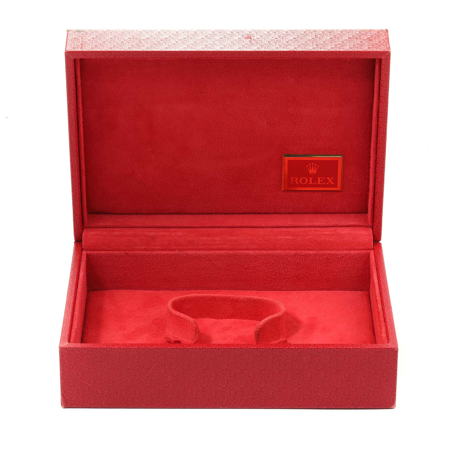 This image shows the open watch box for a Rolex President 68279 Women's White Gold Silver Dial 68279 Women's White Gold Silver Dial model, with a red interior and the Rolex logo inside.