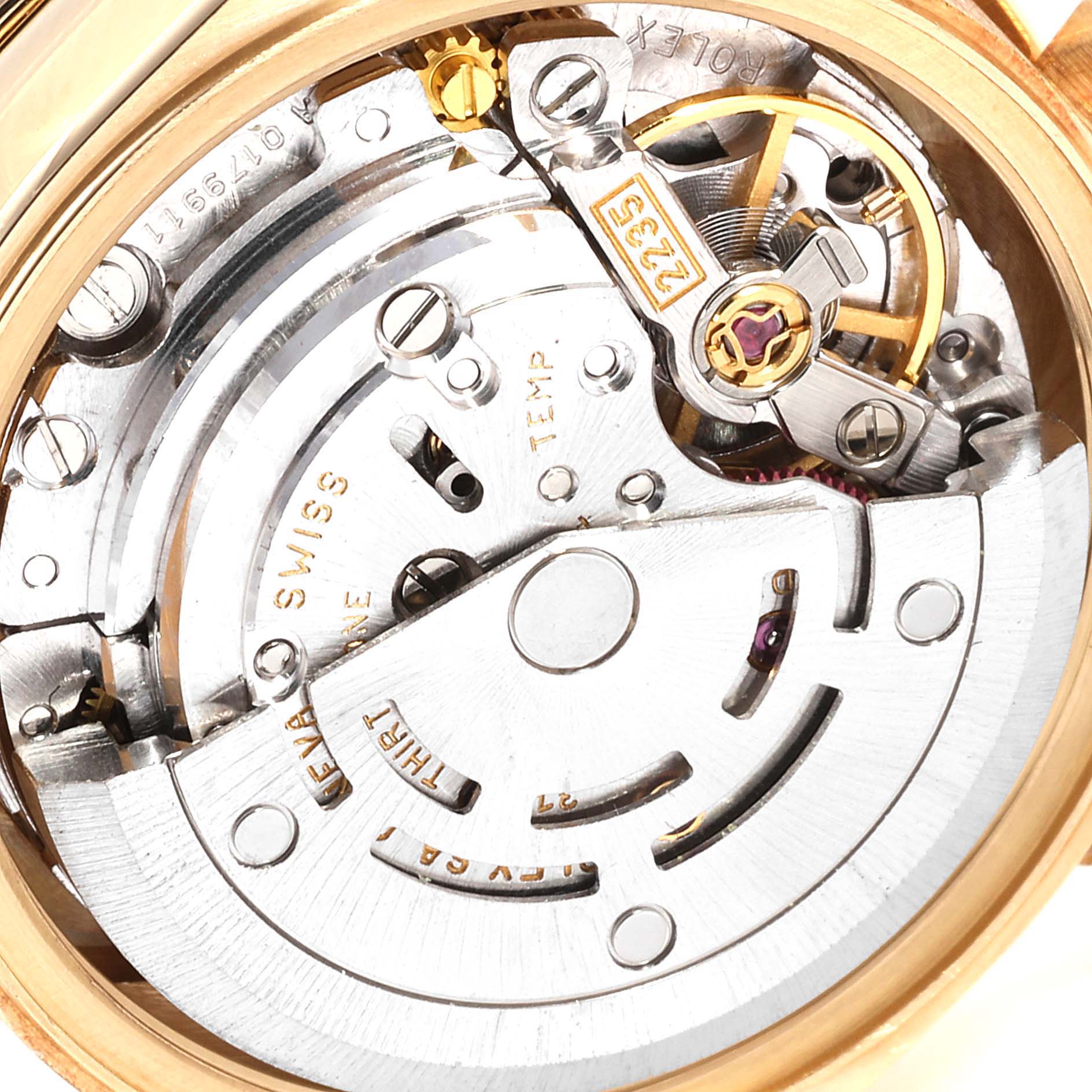 This image shows a close-up of the movement and internal mechanics of the Rolex President 79178 Women
s Yellow Gold Champagne Dial 79178 Women
s Yellow Gold Champagne Dial model watch.