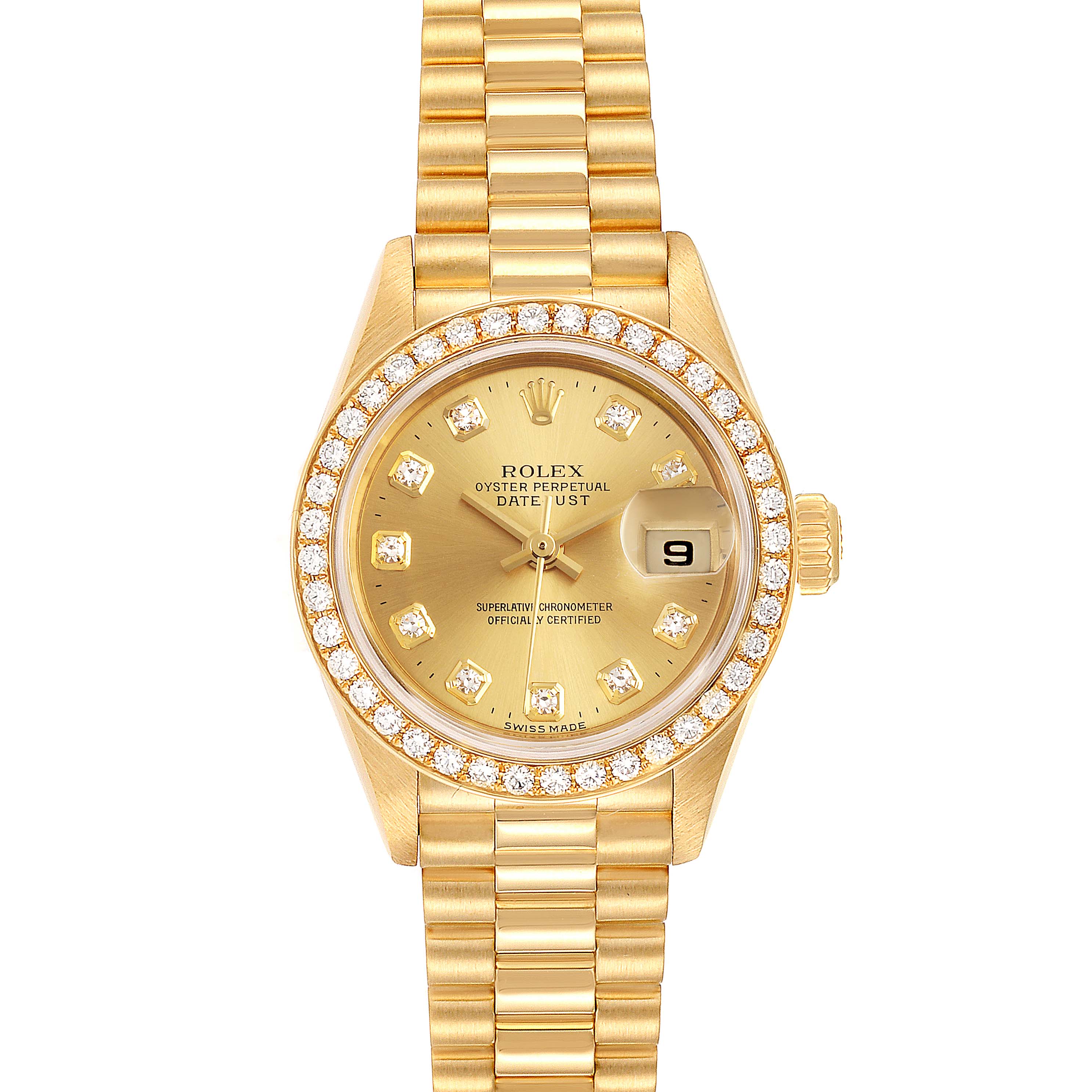 The image shows a frontal view of the Rolex President 79178 Women
s Yellow Gold Champagne Dial 79178 Women
s Yellow Gold Champagne Dial model watch, highlighting its gold bracelet, diamond bezel, and dial.