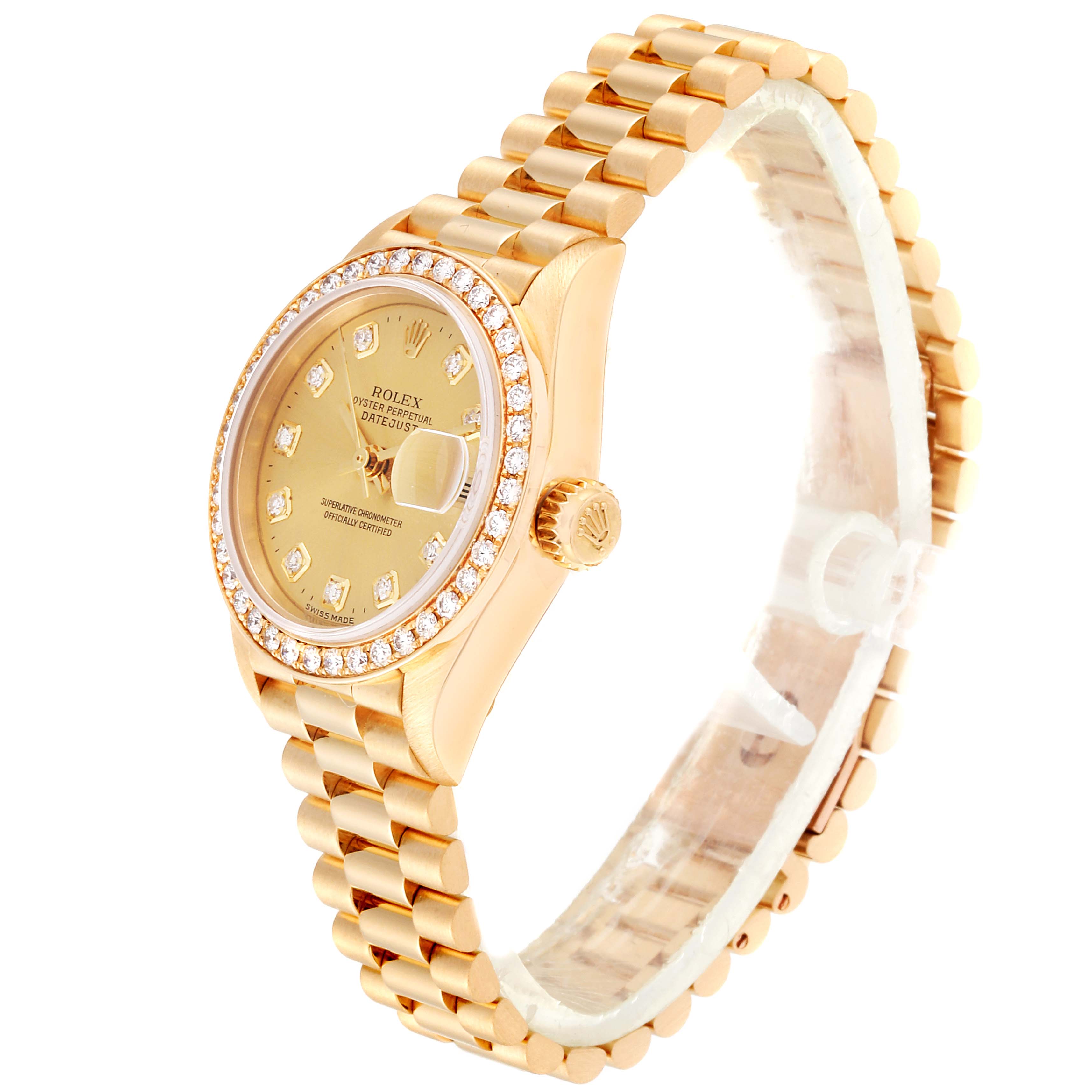 The image shows a Rolex President 79178 Women
s Yellow Gold Champagne Dial 79178 Women
s Yellow Gold Champagne Dial model watch from a side angle, highlighting the dial, bezel, crown, and bracelet.