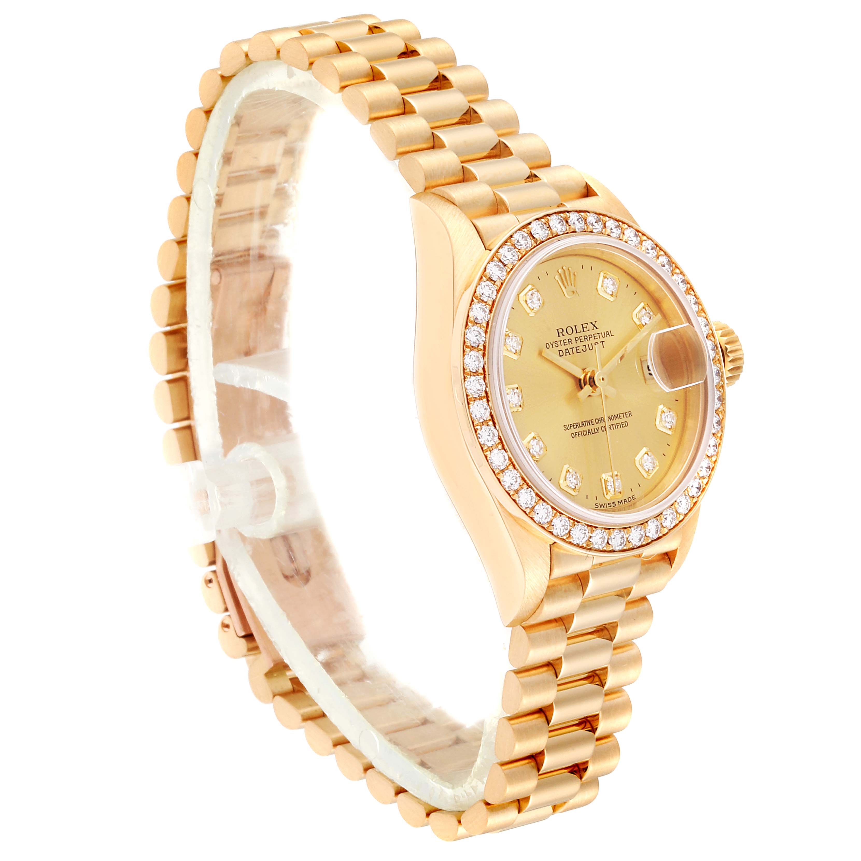 The image shows a side perspective of a Rolex President 79178 Women
s Yellow Gold Champagne Dial 79178 Women
s Yellow Gold Champagne Dial model watch, highlighting the gold bracelet and diamond-encrusted bezel.